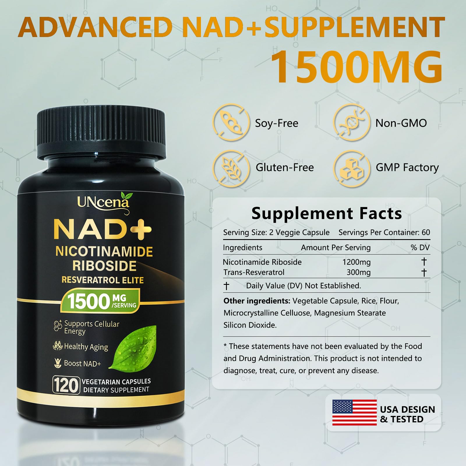 NAD Supplement 1500mg - Liposomal NAD+ Nicotinamide Riboside with Resveratrol, NAD Plus Boosting - Support Cellular Health, Stamina & Healthy Aging for Women & Men- 120 Capsules