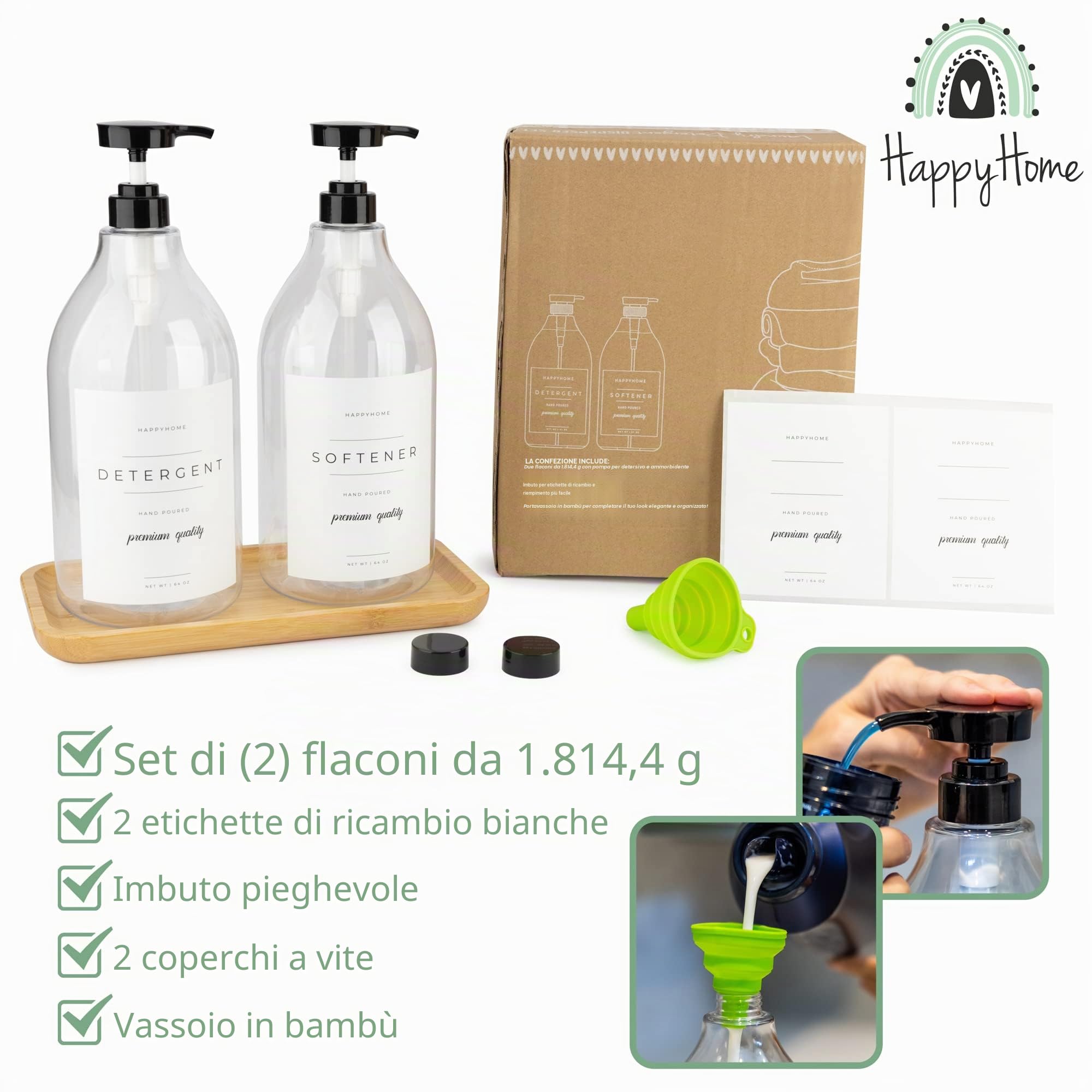Dispenser per detersivo liquido per lavanderia, 2 contenitori decorativi da 1,8 l, con etichette resistenti all'acqua, con 2 pompe e tappi a vite, imbuto pieghevole, etichette extra e vassoio in bambù