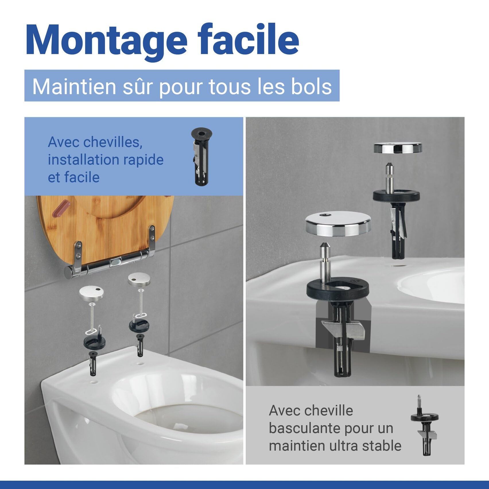WENKO Abattant WC Bambusa | Lunettes WC Frein de Chute | Installation Rapide | Déclipsable pour Entretien Facile | Tampon Mural et Patin Anti Glisse | Bambou certifié FSC® | 34,5 x 40,5 cm | Bambou