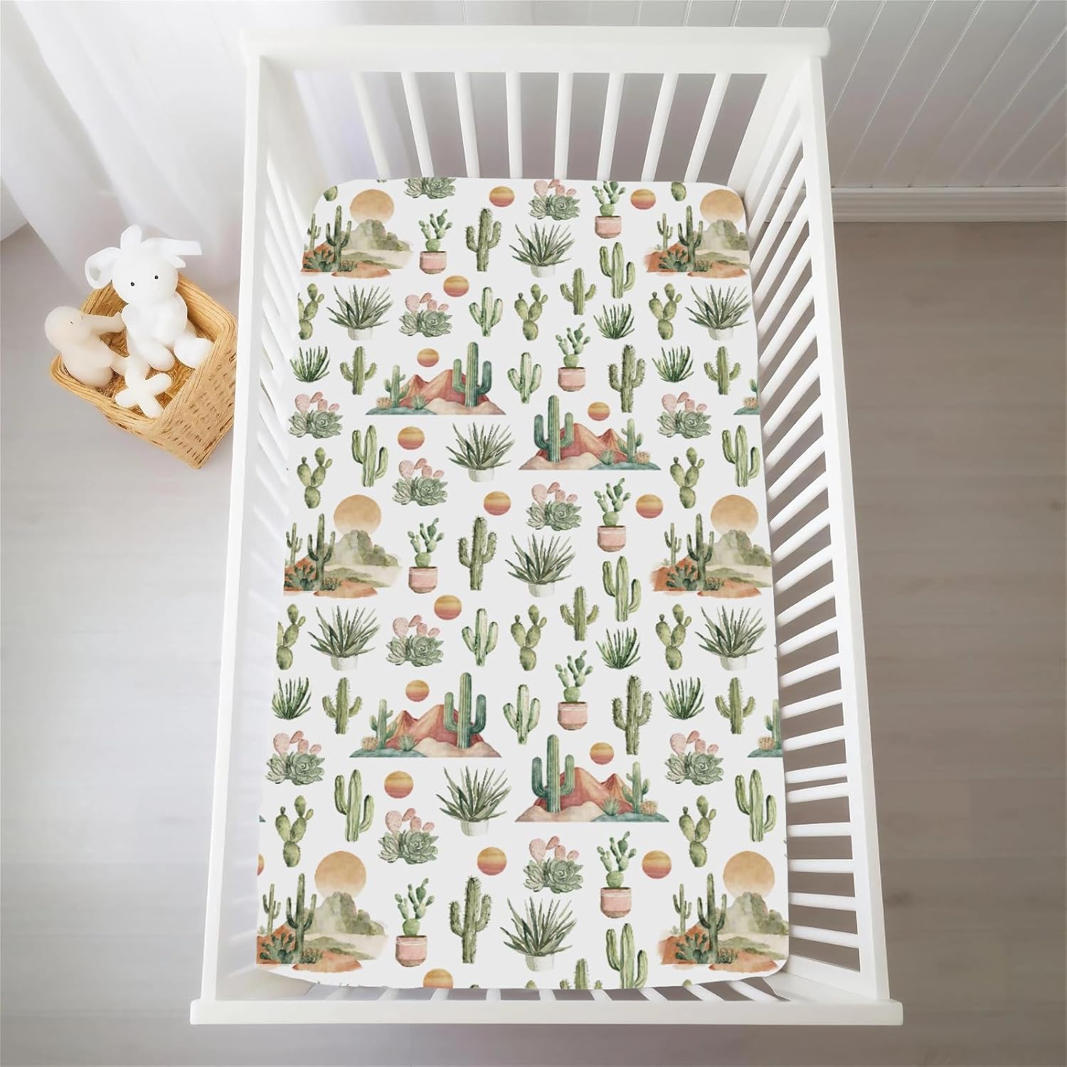 Boho Western Cactus Desert Baby Crib Sheets for Boy Girl Watercolor Southwest Mountain Sunset Soft Snug Fitted Crib Mattress Covers for 52''x28'' Standard Crib & Toddler Mattress Wild West Baby Sheets