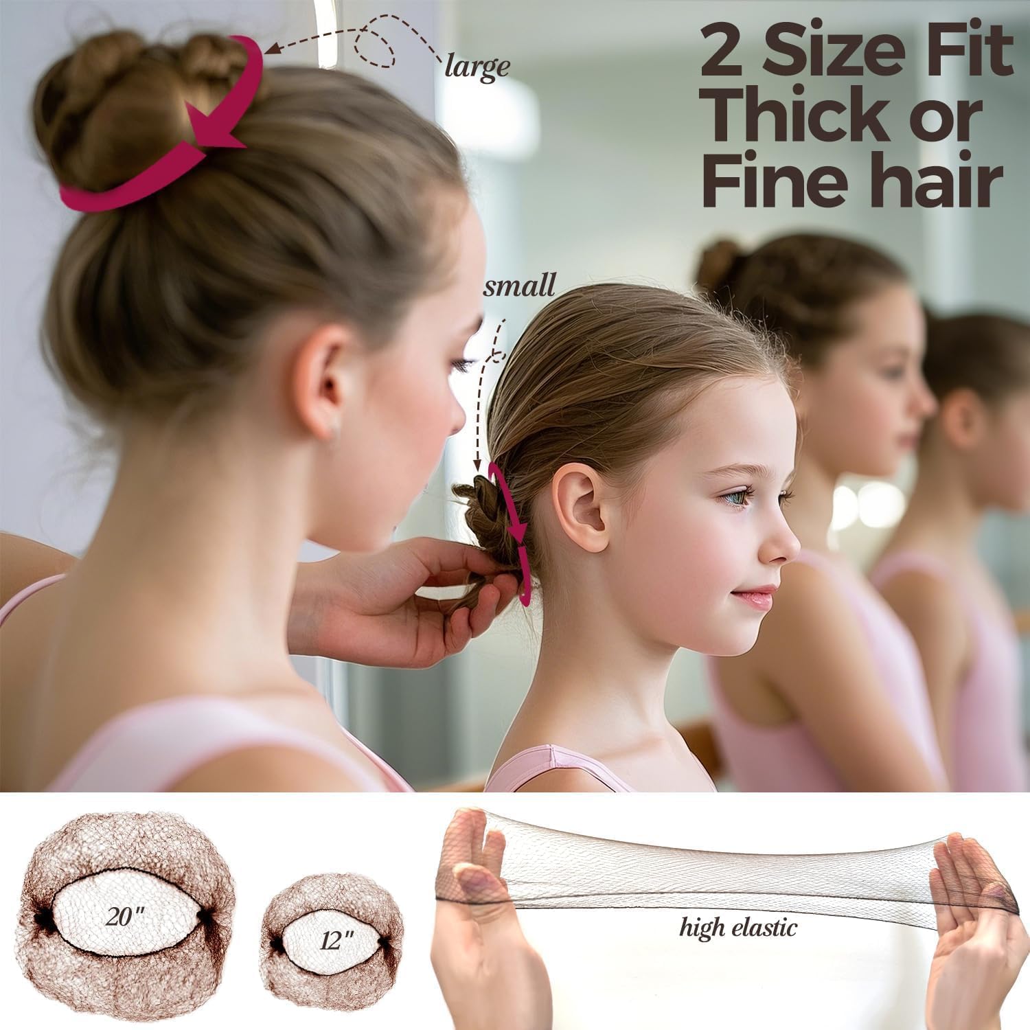 130 Stück Haarknoten-Zubehör, 30 Stück unsichtbare Haarnetze für Dutt (50,8 cm und 30,5 cm), Tanzhaarnetze für Ballettmädchen/Frauen, sicher und natürlich, 100 Stück Haarknoten, 5,1 cm