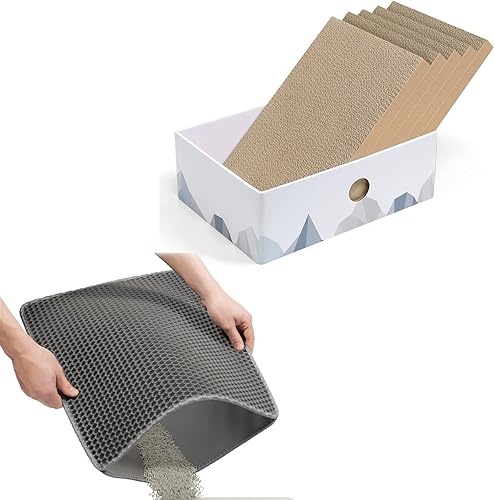Alfombrilla de arena para gatos gris para gatos, caja rascador para gatos con almohadilla para rascar para gatos, cartón corrugado portátil de 3