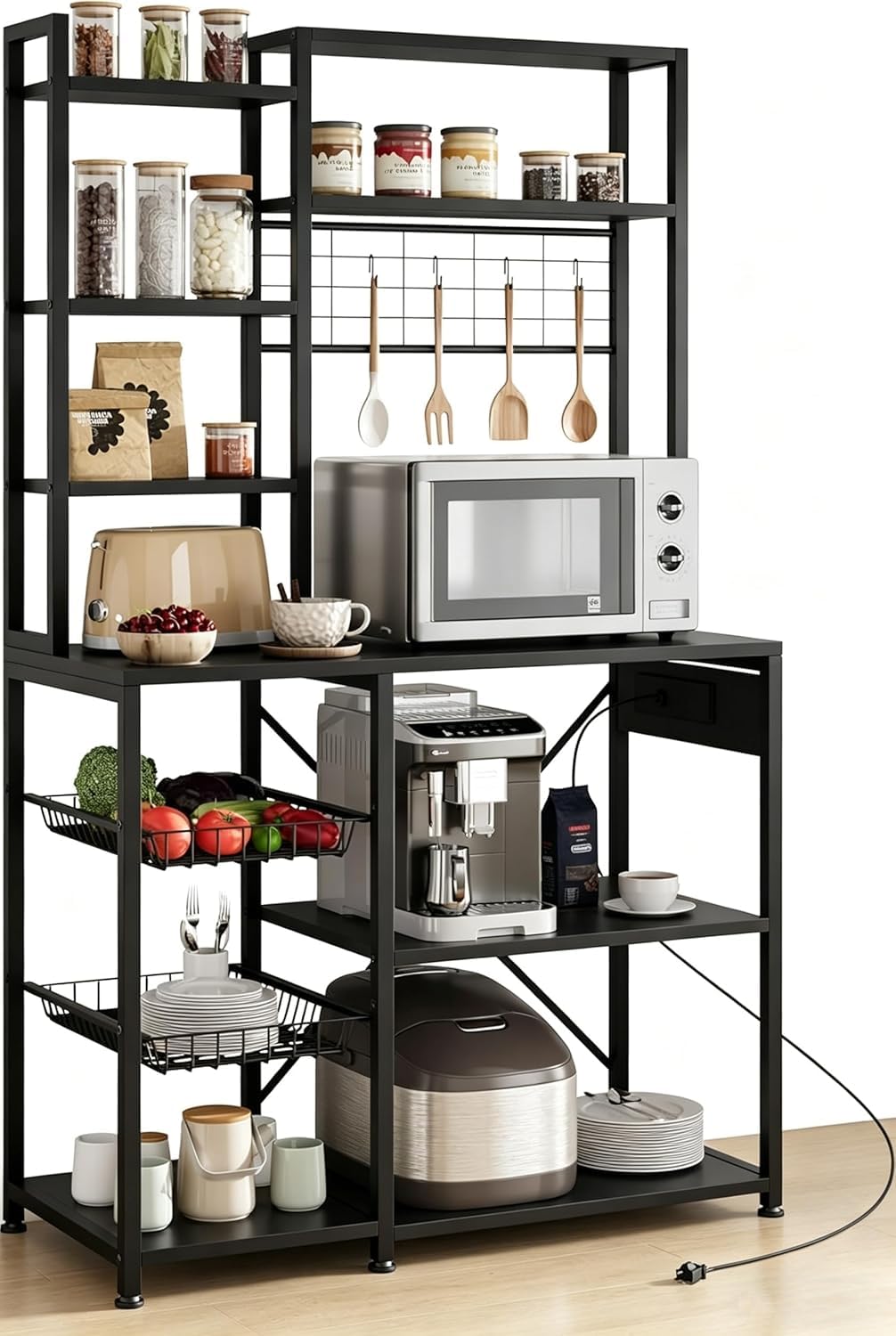 Koioplie 7-Tier Bakers Rack with Power Outlets, Industrial Microwave Stand & Coffee Bar Station - 2 Wire Baskets, Anti-Tip Design, Kitchen Storage Shelf - Color: Black+Black