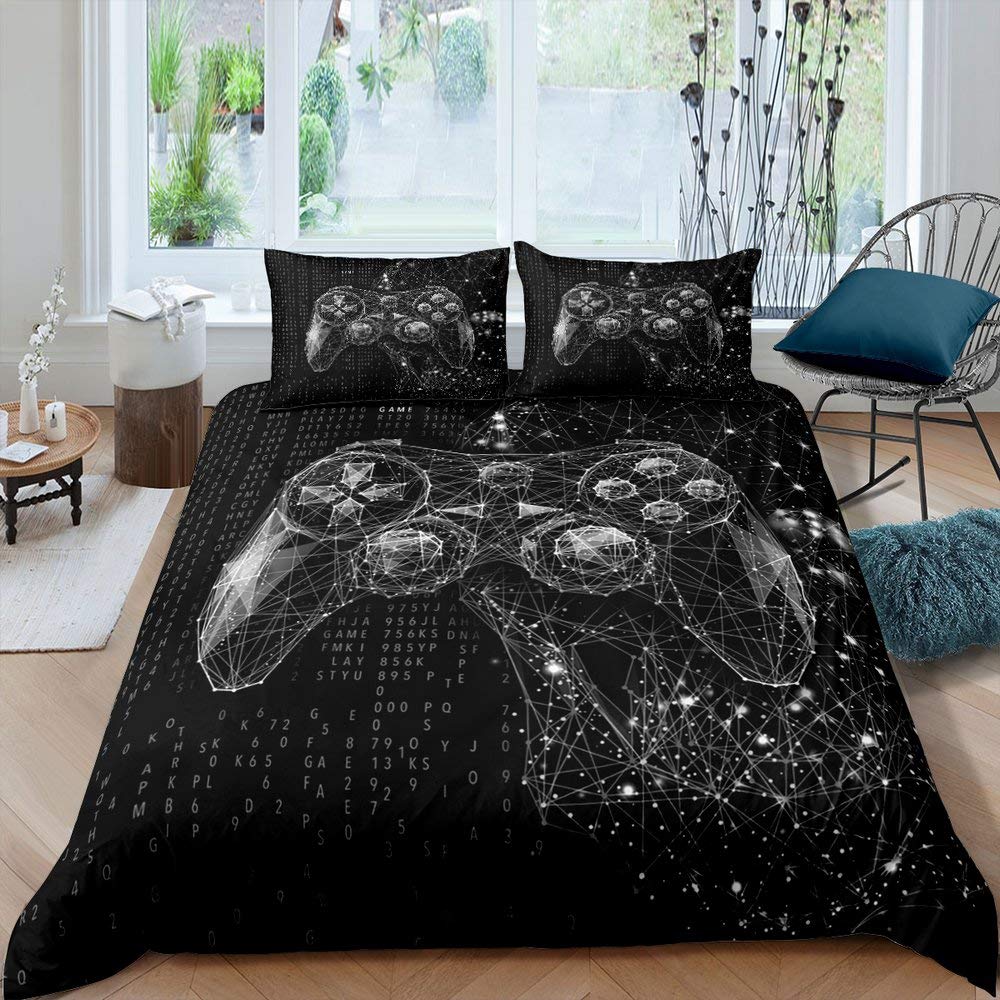 Gamer Comforter Cover Kids Youth Video Games Duvet Cover 3D Gamepad Printed Bedding Set For Kids Teens Young Man Game Code Action Buttons Galaxy Starry Sky Quilt Cover Bed Decor 3Pcs Double Size Black