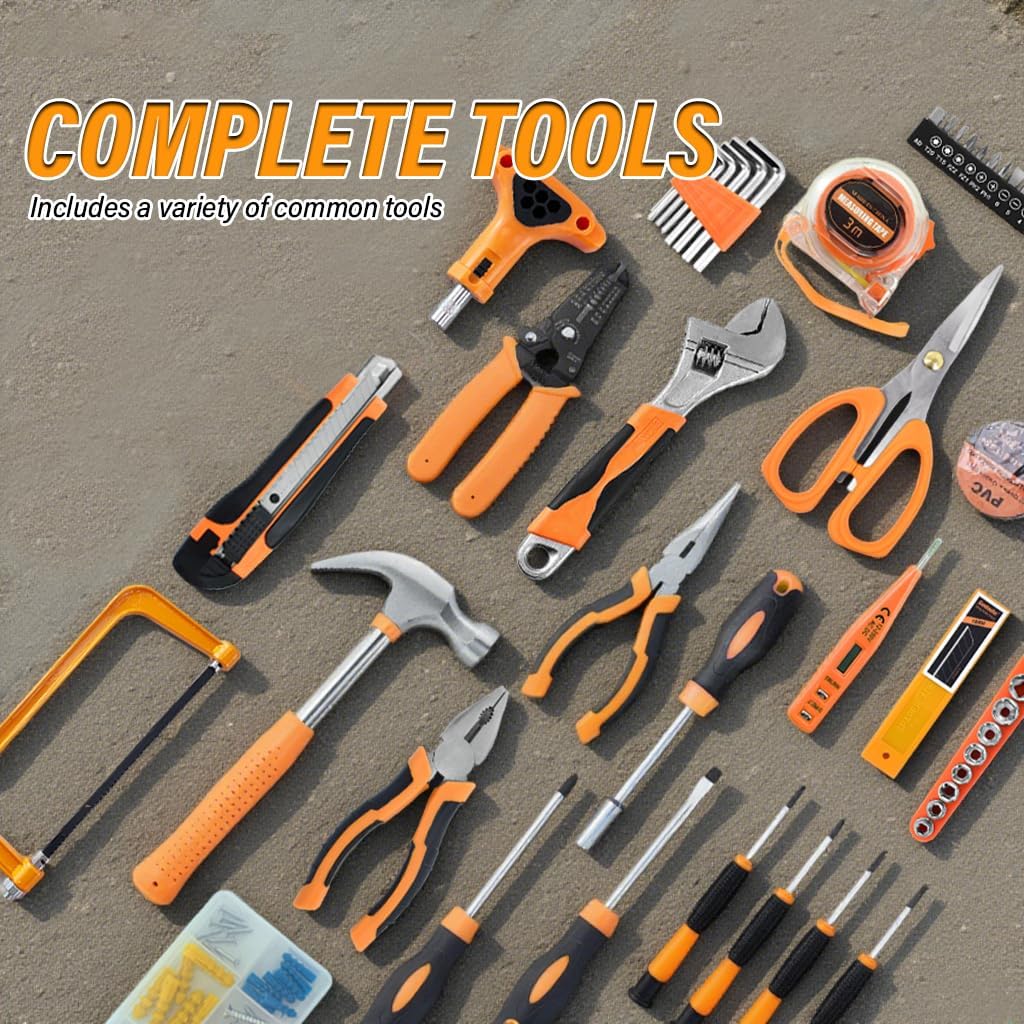 Professional 158-Piece Home Tool Kit, Orange and Black, Complete Household Repair Set with Carrying Case, Includes Screwdrivers, Hammer, Wrench Set, Wire Cutters, Measuring Tape