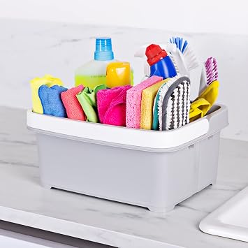 Minky Large Storage Caddy - Easy to Clean Plastic Storage Bin with Foldaway Handle For Cleaning, Crafts, DIY - Great for Pantry, Fridge & Organization - Made in the UK (Light Grey)