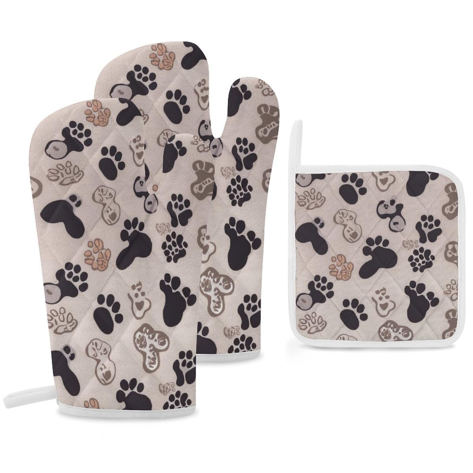 Oven Mitts and Pot Holders Set of 3 Heat Resistant Non-Slip Kitchen Gloves Hot Pads Dog Puppy Paw Mittens Gloves Non-Slip Potholders for Cooking Baking Grilling BBQ