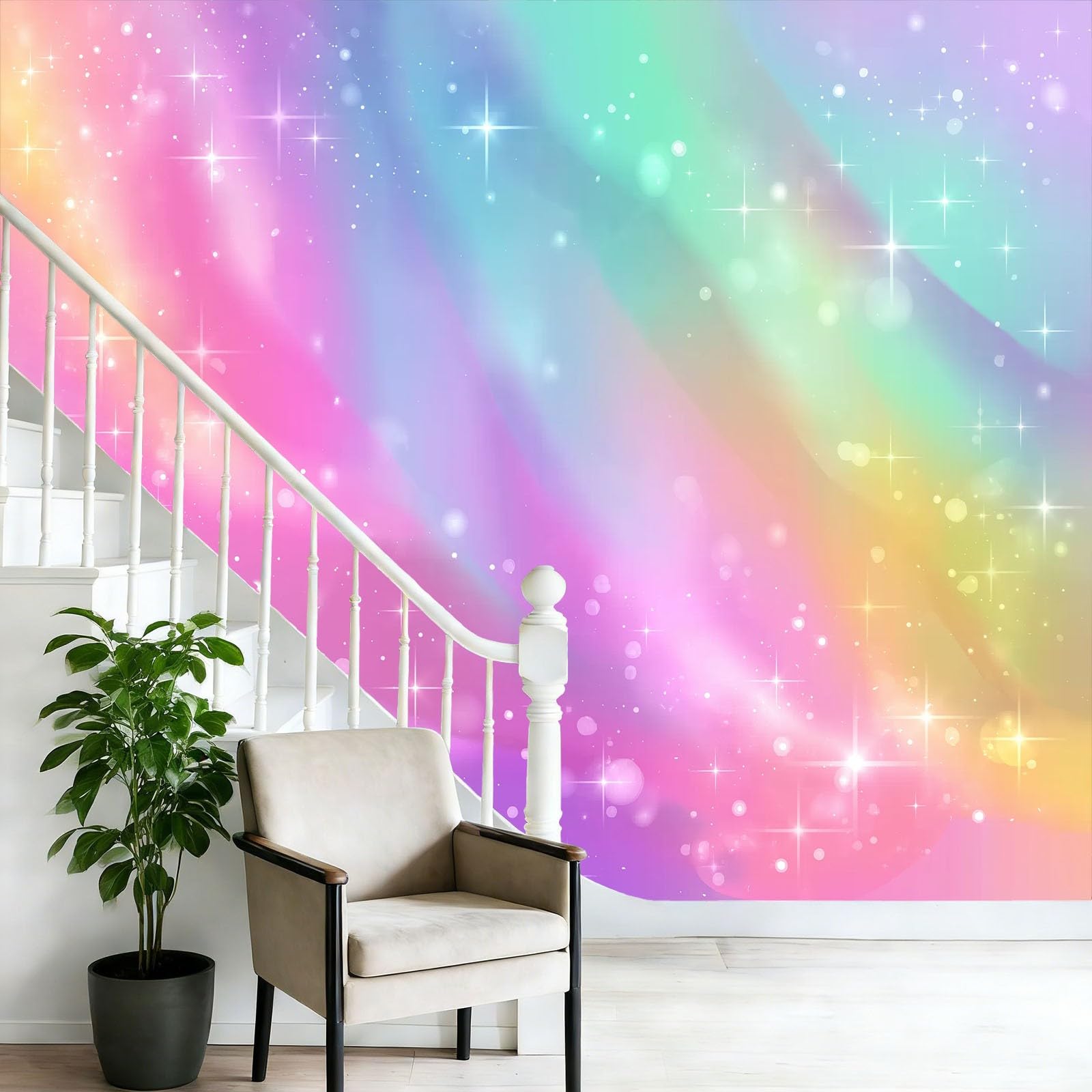 Tapeta panoramiczna 400 x 280 cm, marzycielska tęcza gwiazdy, radosna tapeta z motywem do zabaw i żłobka, kolorowa