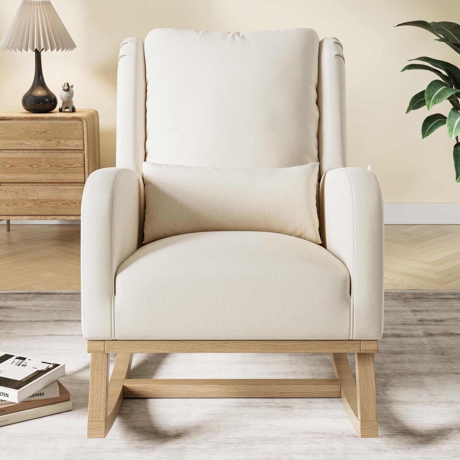 belupai Sedia a dondolo scandinava,sedia da allattamento con cuscino lombare,Poltrona a dondolo in lino,Poltrona a dondolo riposo con tasche laterali,struttura in legno massello,Beige,68x93x96cm