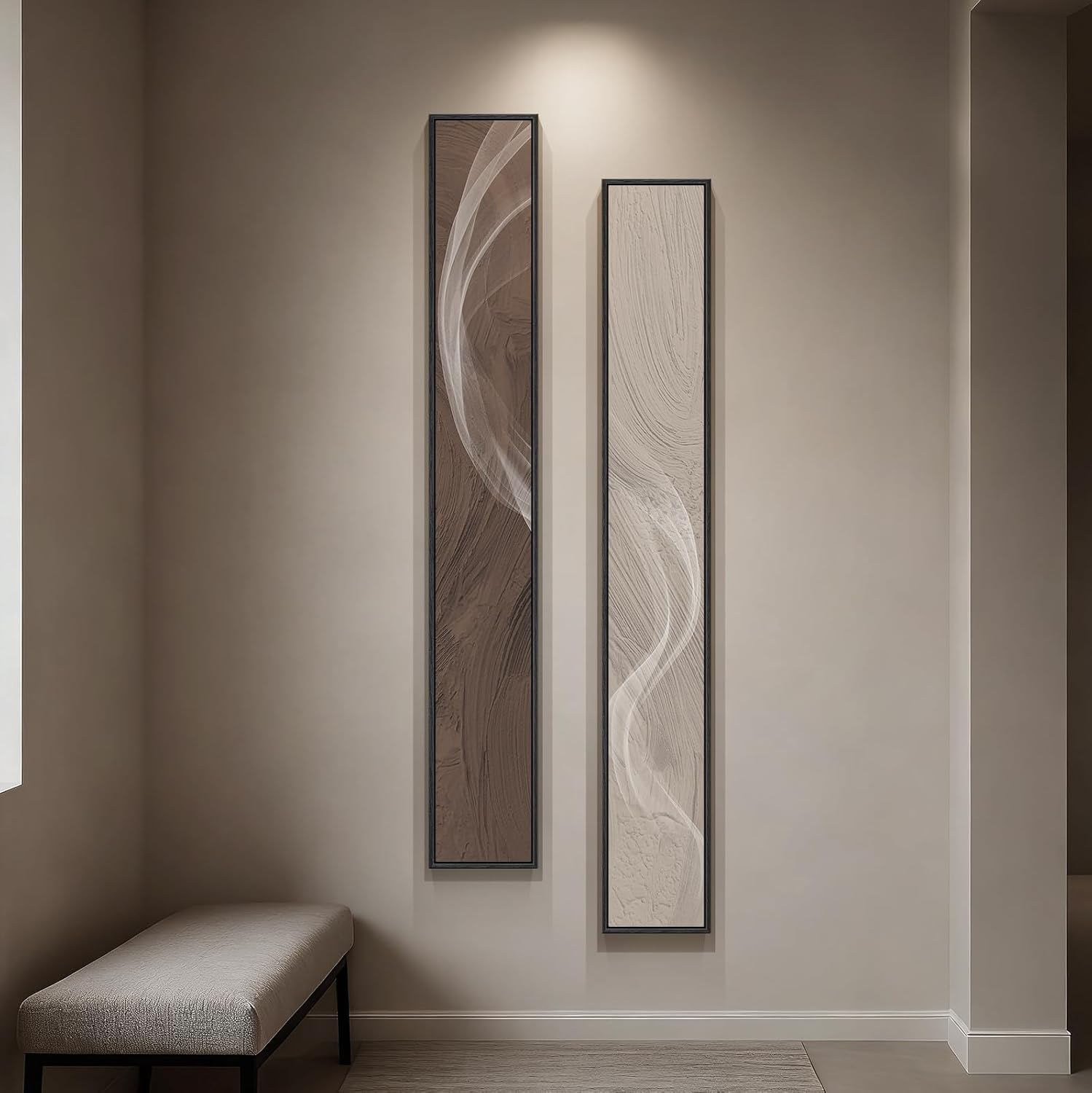 Large Framed Long Narrow Vertical Neutral Abstract Wall Art Set of 2, Beige Brown Modern Canvas Prints Paintings Artwork for Walls, Minimalist Pictures for Entryway Hallway Living Bedroom Wall Decor 8" W x 56" H x 2Pcs Flowing