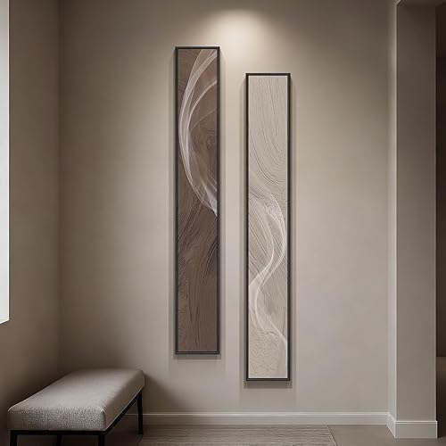 Large Framed Long Narrow Vertical Neutral Abstract Wall Art Set of 2, Beige Brown Modern Canvas Prints Paintings Artwork for Walls, Minimalist Pictures for Entryway Hallway Living Bedroom Wall Decor