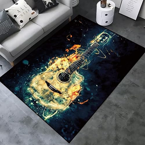 Alfombras con patrón de película musical y guitarra ardiente, tapete cómodo para amantes de la música, tapete de bienvenida, tapete decorativo para