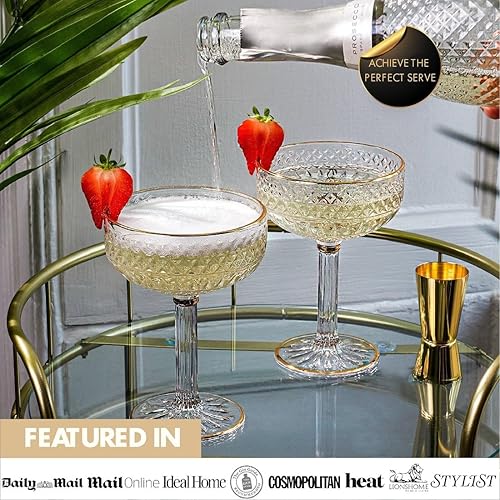 Miniatura 3 de VEMACITY - Juego de 2 vasos de Espresso Martini con relieve (10oz) - Vasos de copa con borde dorado para cócteles, champán y margaritas - Diseño