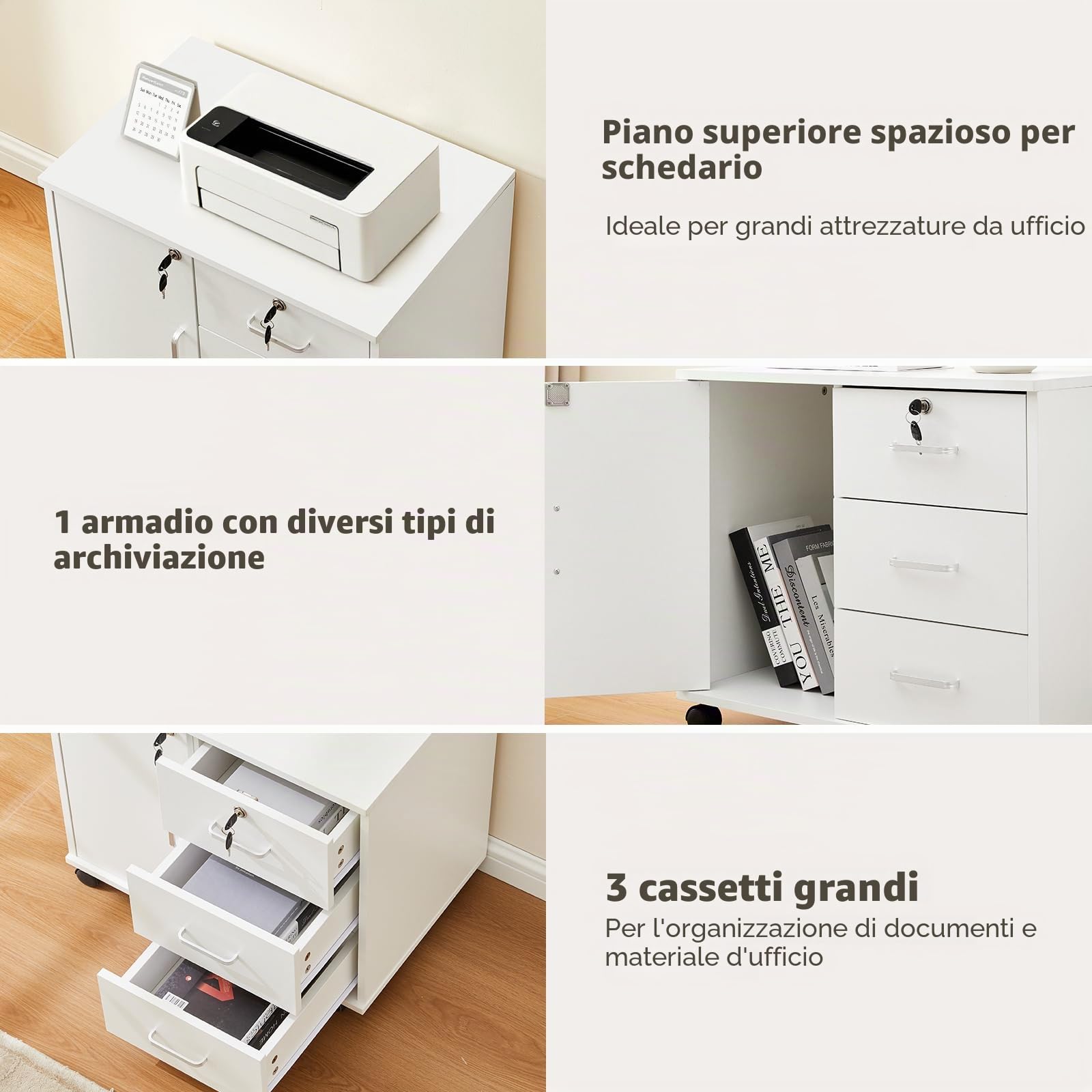 TUKAILAI Cassettiera con ruote richiudibile, mobile con 3 cassetti e armadio, 4 ruote, per ufficio e casa, bianco