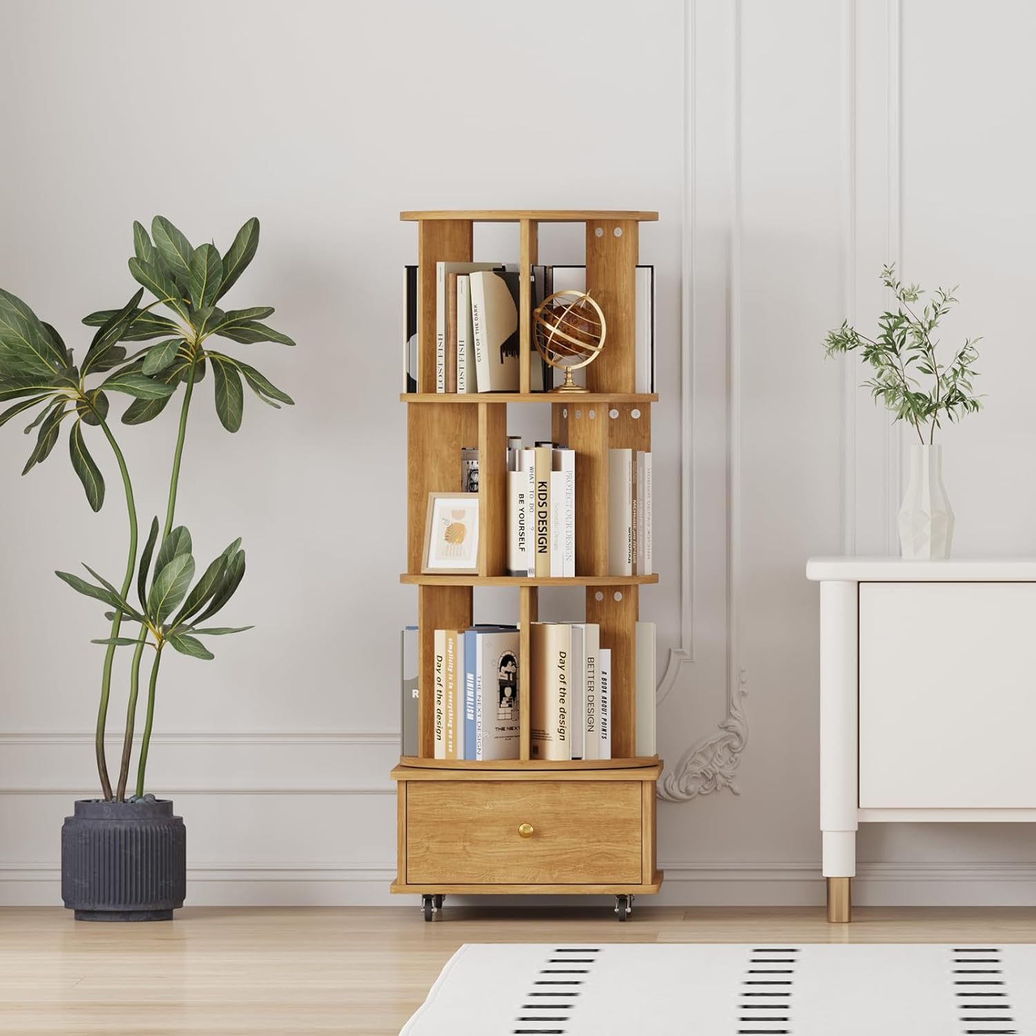 3-Tier Rotating Bookshelf with Drawers on Wheels, 360° Spinning Corner Bookcase, Solid Wood Storage Tower for Adults, Narrow Organizer for Bedroom, Home Office, Study Room(Nature)