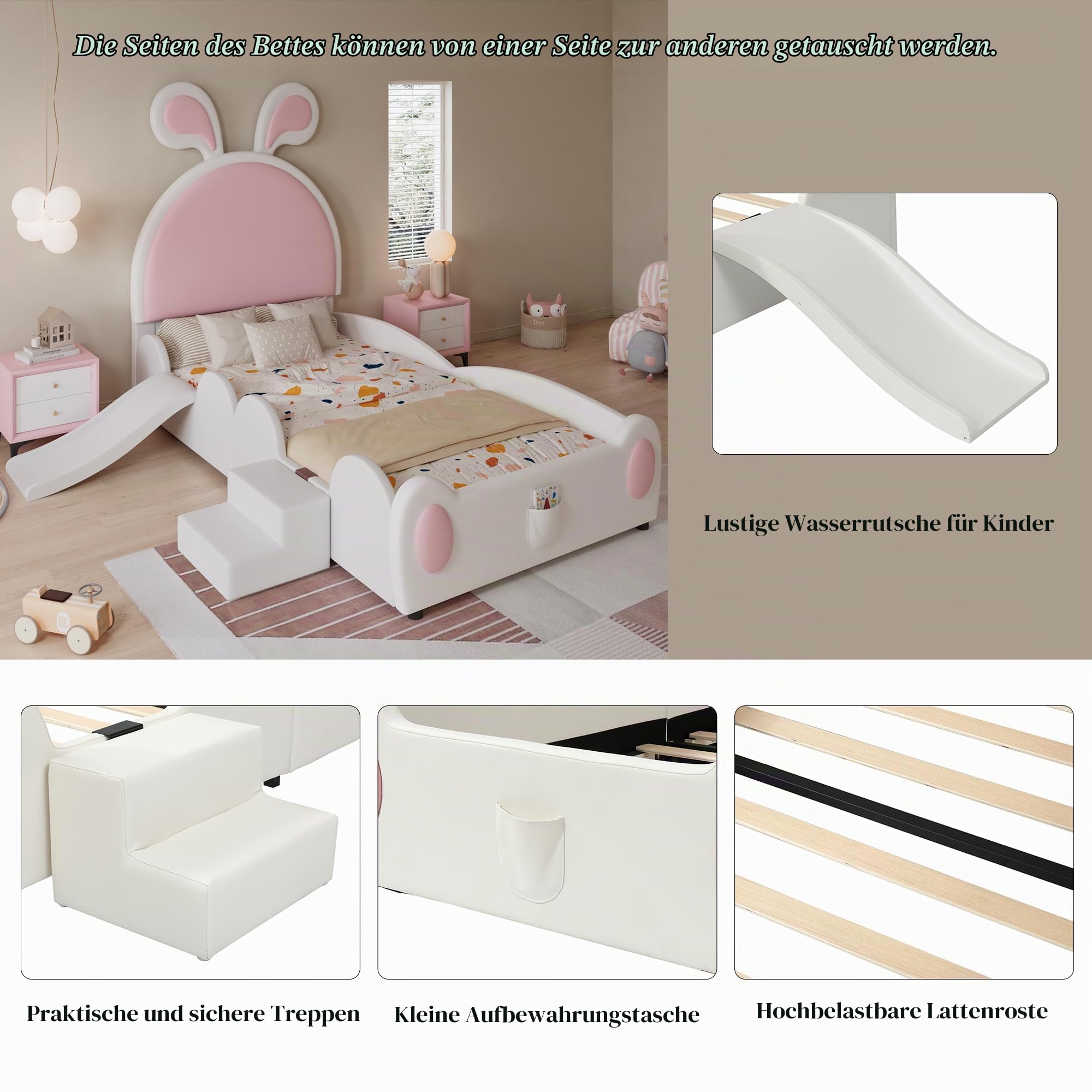 Dolamaní Mädchen Kinder Bett 90x200 cm Mit Kleiner Treppe und Kinderrutsche, Polsterbett PU Kopfteil mit Hasenohren, Einzelbett (Weiß+Rosa)