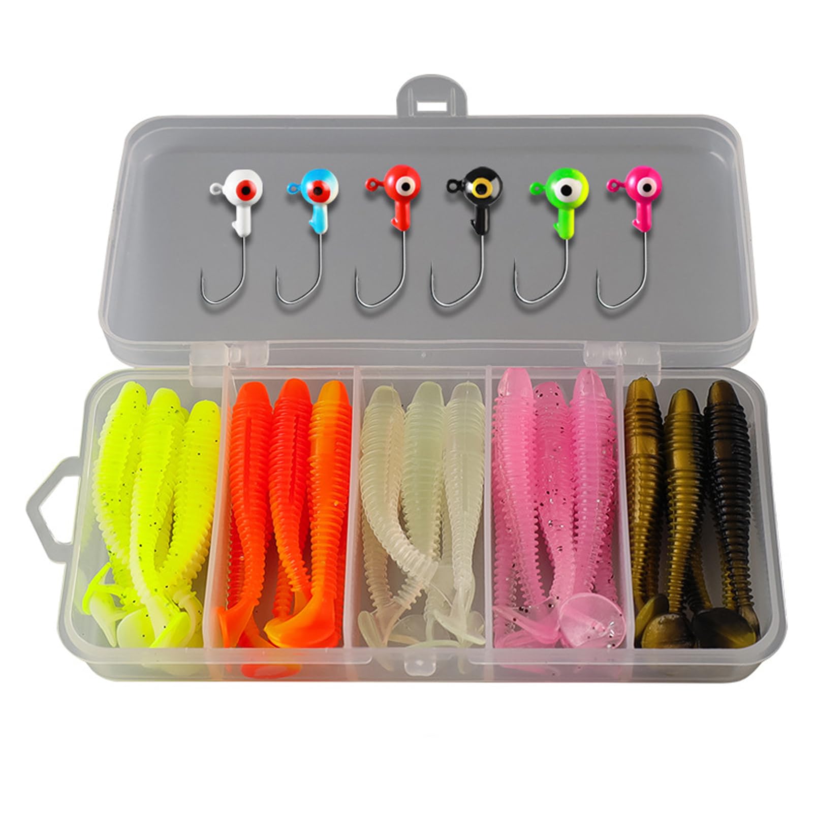 Wjelet 37-Piece Lure Kit with Soft Plastic Baits, Heads and Hooks for Bass Crappie, Trout, Perch