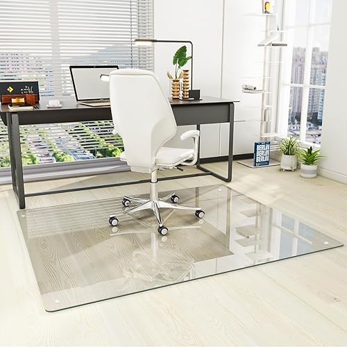 Miniatura 1 de Vidrio templado Tapete para silla de vidrio de 46 x 55 pulgadas, tapete de piso duro resistente con esquinas redondas y borde pulido, tapete para