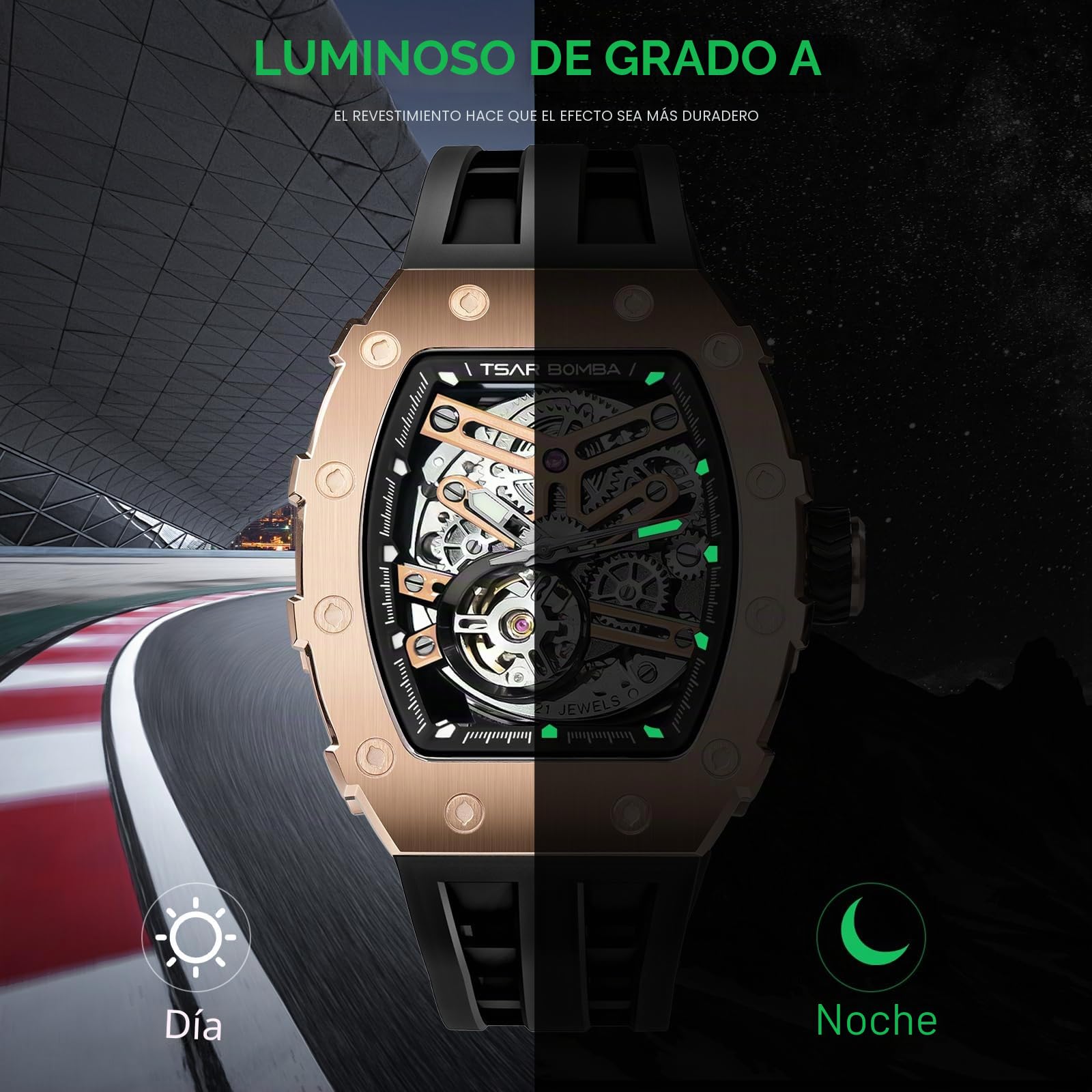 TSAR BOMBA Relojes Hombre Automático Reloj de Pulsera Tonneau Lujo Cristal Zafiro Movimiento Japonés Acero Inoxidable 316 Impermeables 50M Luminos Esqueleto Regalo Hombre