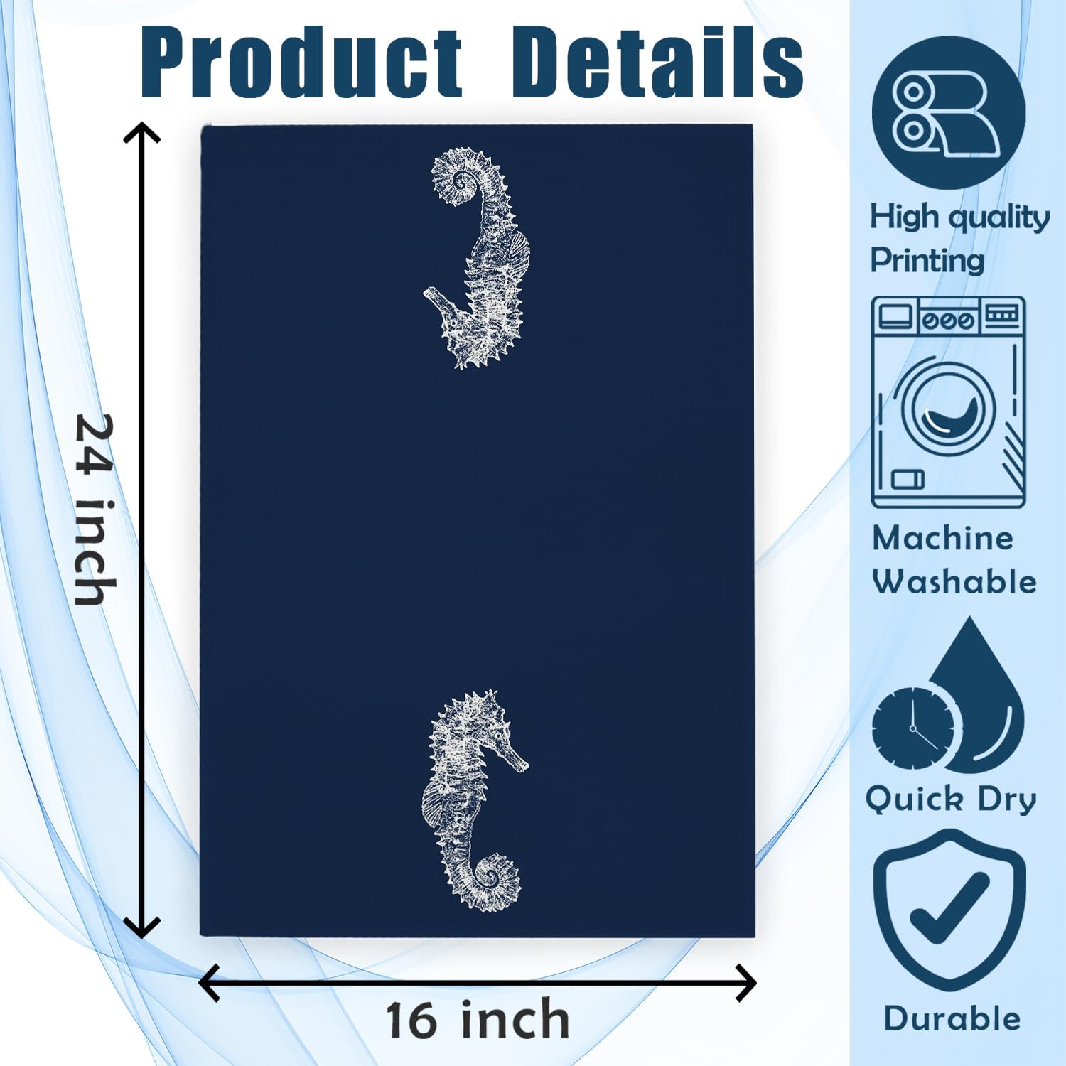 Navy Blue Coastal Beach Seahorse Kitchen Towels 16x24 Inch, Nautical Beachy Ocean Seahorse Decorative Hand Tea Towels for Kitchen Bathroom, Beach Bathroom Decor image 2