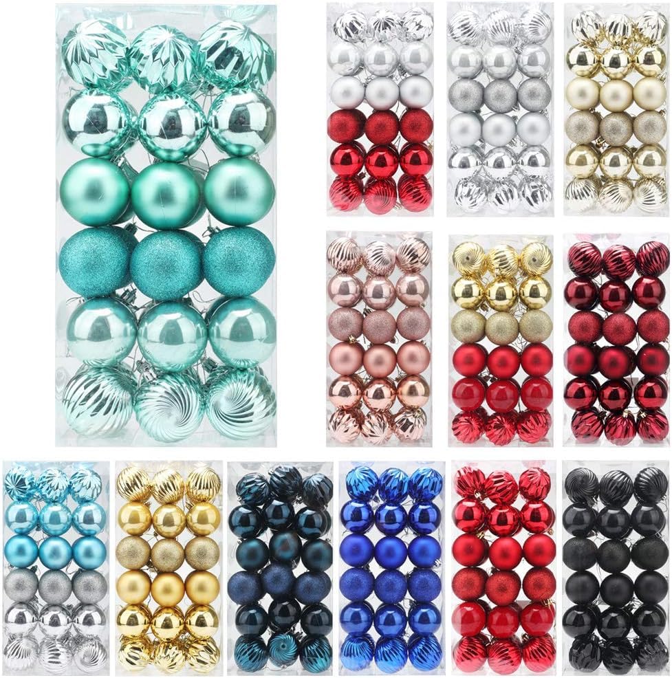 36pcs Teal Christmas Balls Ornaments for Xmas Tree, 6cm/2.4" Plastic Shatterproof Christmas Ornaments Ball Colored and Glitter Christmas Party Decoration with Hooks(Random Color)