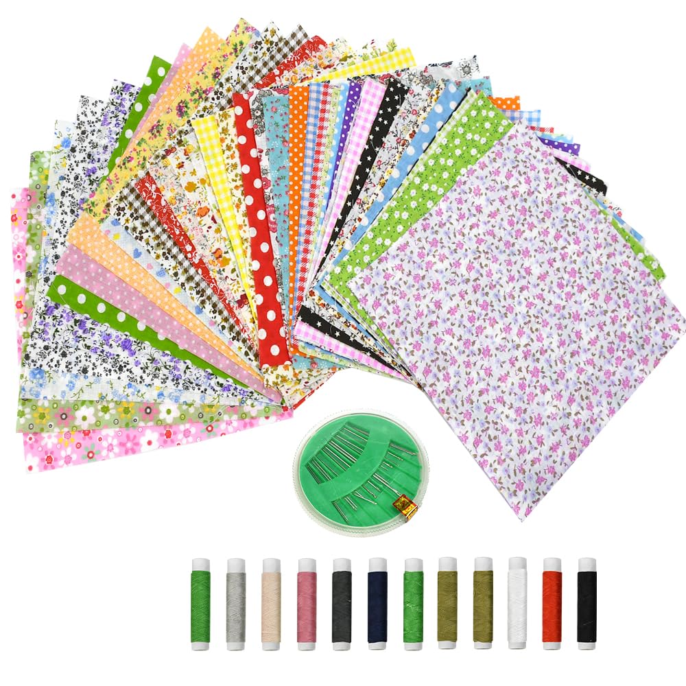 Tissus Coton 50PCS 20x20 cm Patchwork Colorés avec Fil et Aiguilles à Coudre