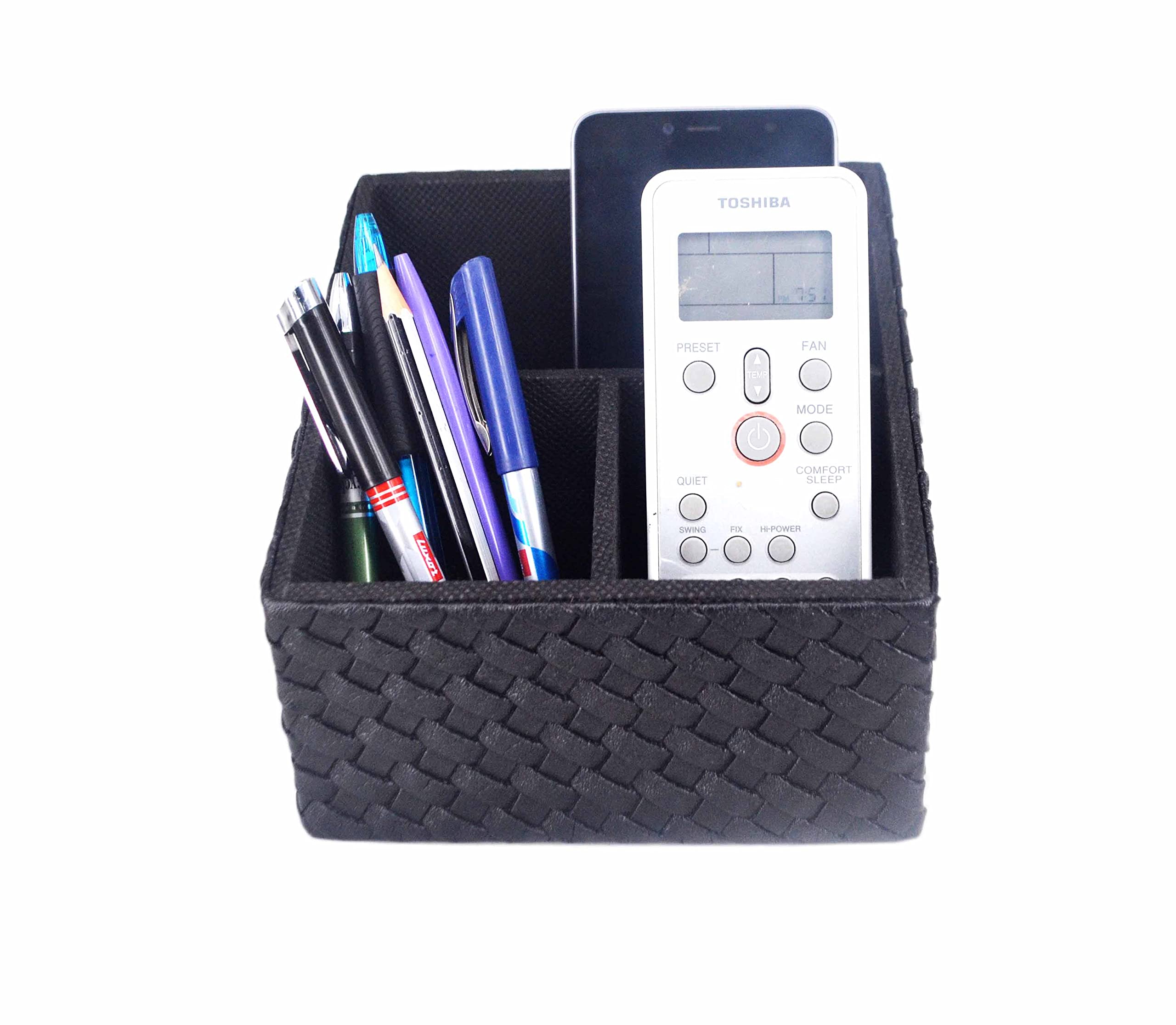 Premsons® Remote Holder – 3-Compartment Braided Vegan Leather Organizer | Leatherette Stationery & Remote Stand for Living Room, Office, Bedroom, Kitchen – Black