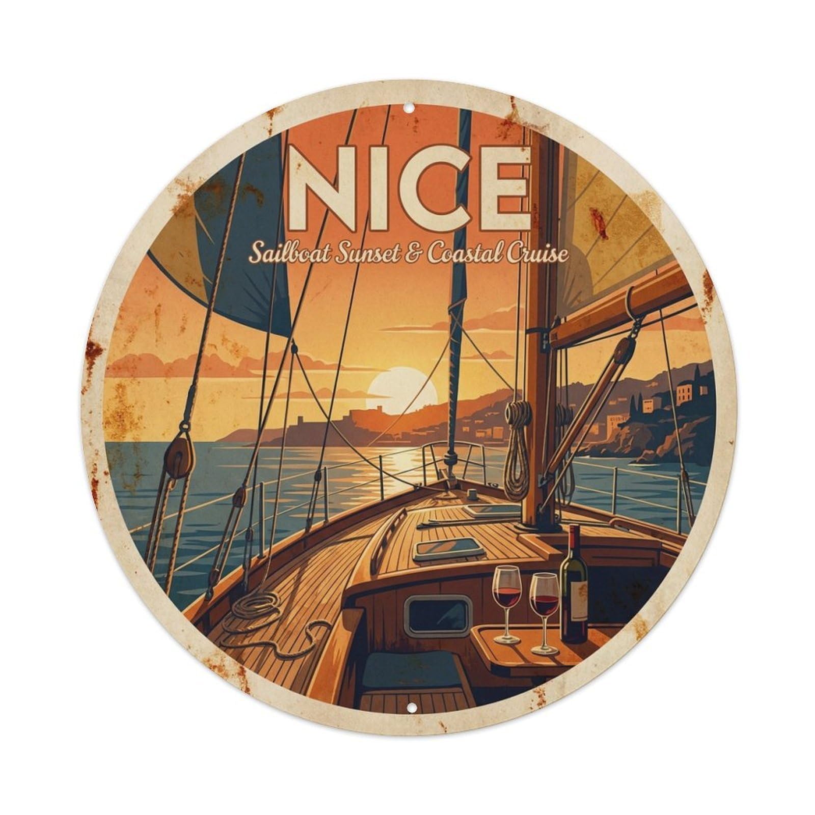 Culture Travel Sailboat Marina Azure Sunset Nice France Metal Tin Sign