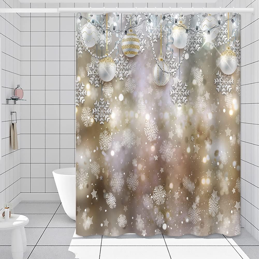 Merry Christmas Shower Curtain with Hooks Silver Xmas Balls Snowflakes Bokeh Halos Winter Holiday New Year Themed Shower Curtain for Bathroom Decorative Waterproof, 72x72 Inch