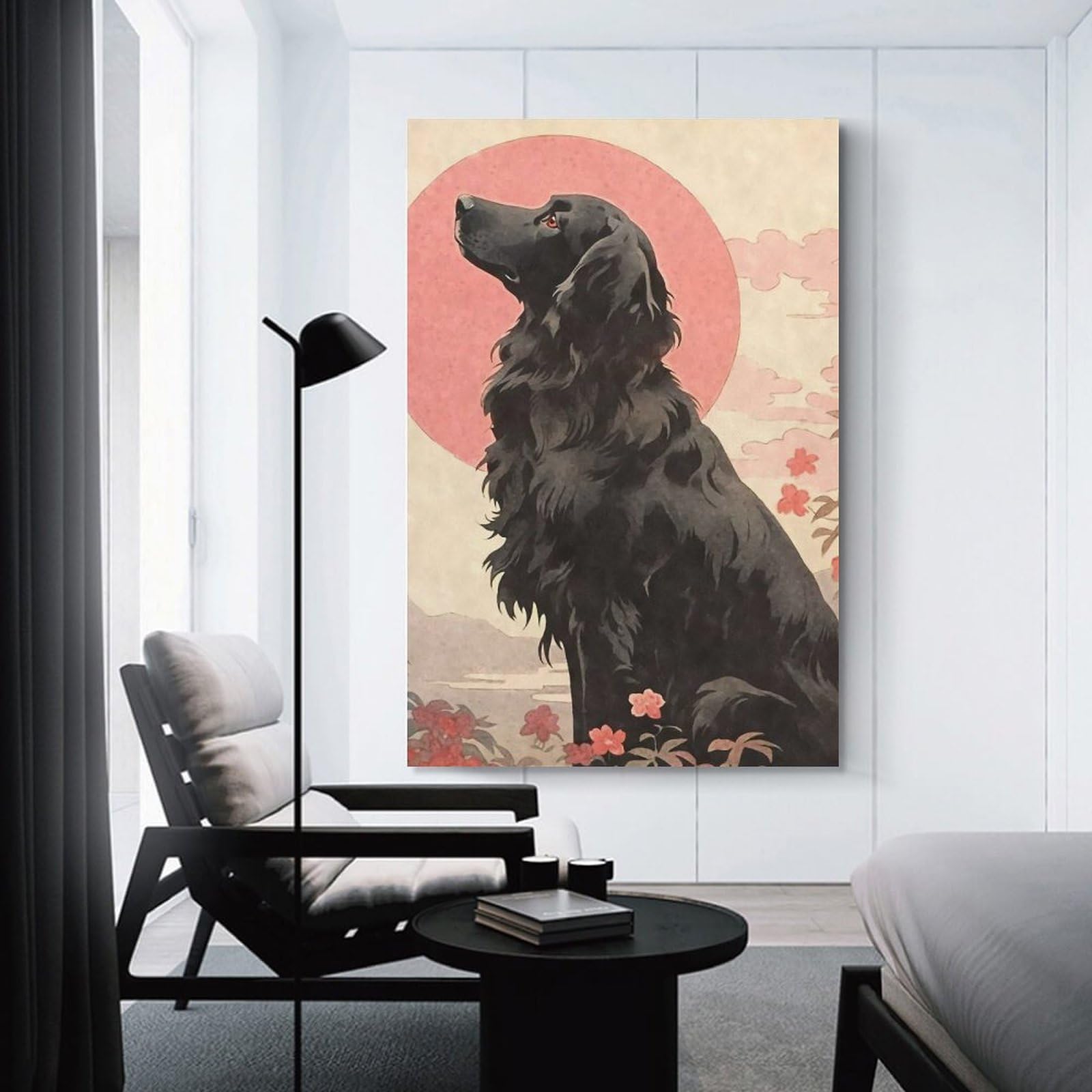 Junmoney Unframe-Style-14 Room Decor Wall Art Ukiyo E Flat Coated Dog, 24X36inch(60X90cm), For Lounge Decor, Bedroom Walls Or Flats, Canvas Styling For A Polished Room Look