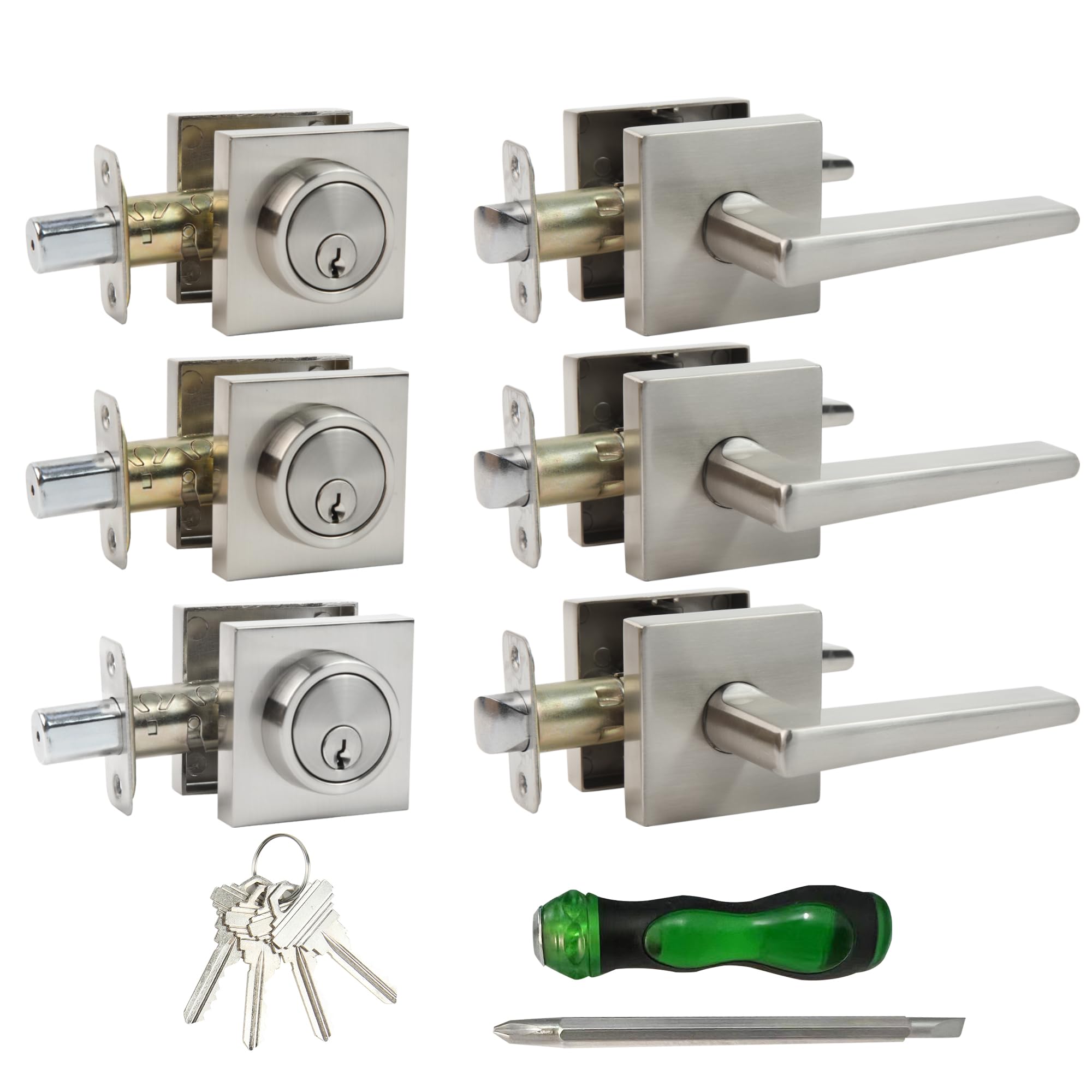 Front Door Handle and Deadbolt Set,Entry Door Locksets with Deadbolt,Front Door Lock Set with Deadbolt, Square Heavy Duty Exterior Door Knob with Deadbolt,(Brushed Nickel,3pack)