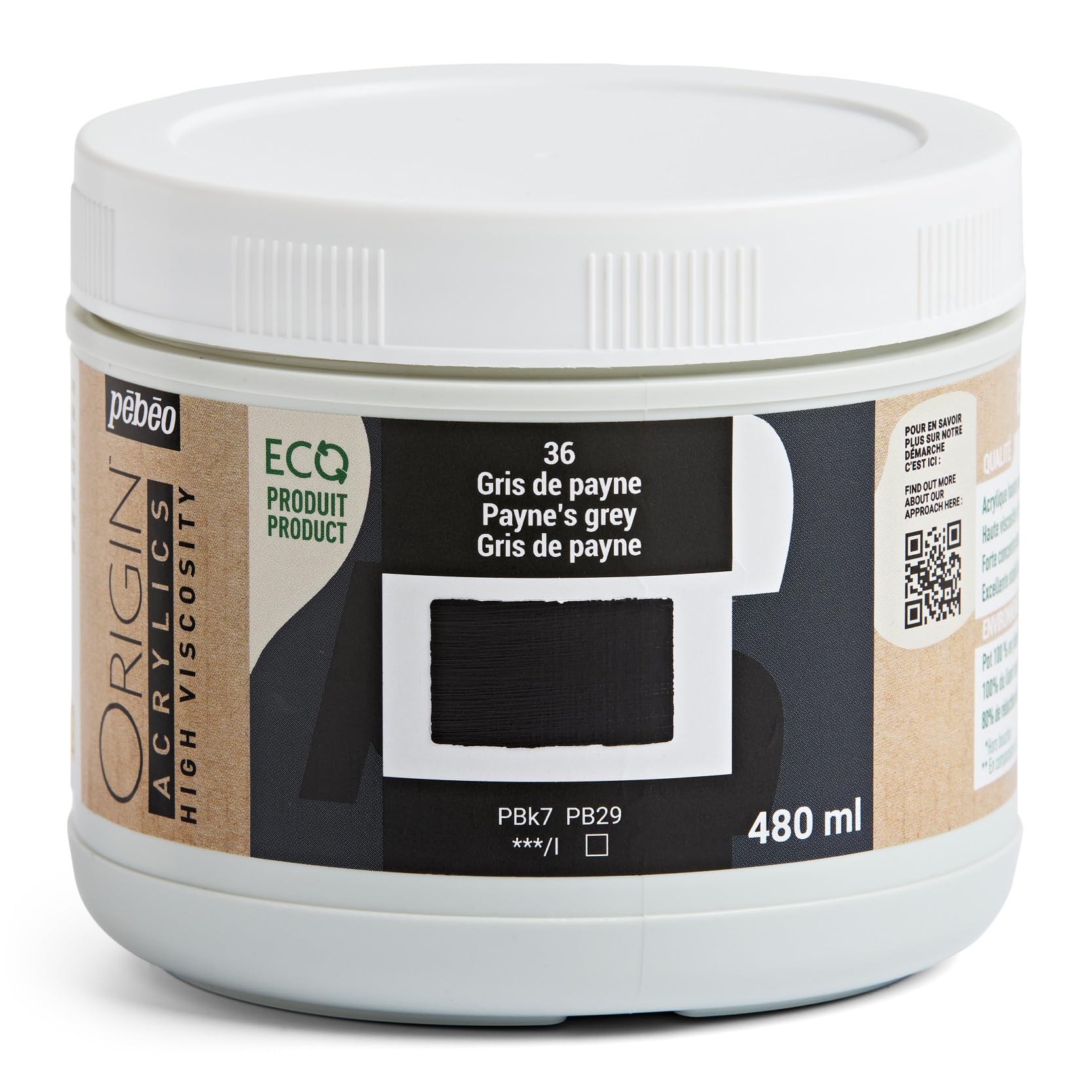 PEBEO - Origin Acrylics 480 ml - Eco-designed Acrylic Paint - High Viscosity - Matt Finish - 100% Recycled Binder - 96% European Origin Raw Materials - Payne Grey