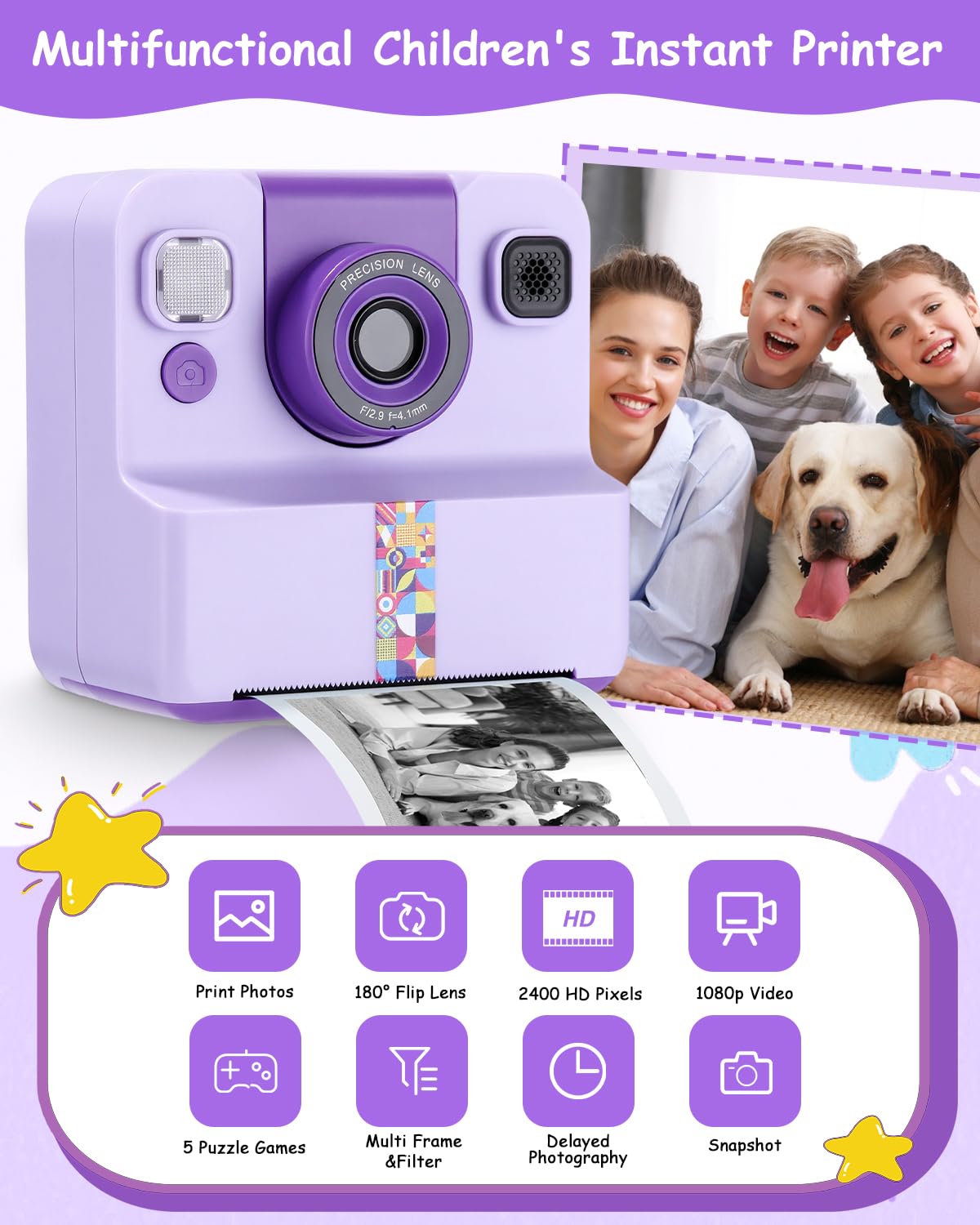 Appareil Photo Enfant, Appareil Photo Instantané Enfant, Kit avec 5 Rouleaux de Papier, 2.4" Écran, Vidéo 1080P et Selfie, Carte 32 Go, Cadeau Créatif pour Fille Garçon 3-12 Ans, Violet