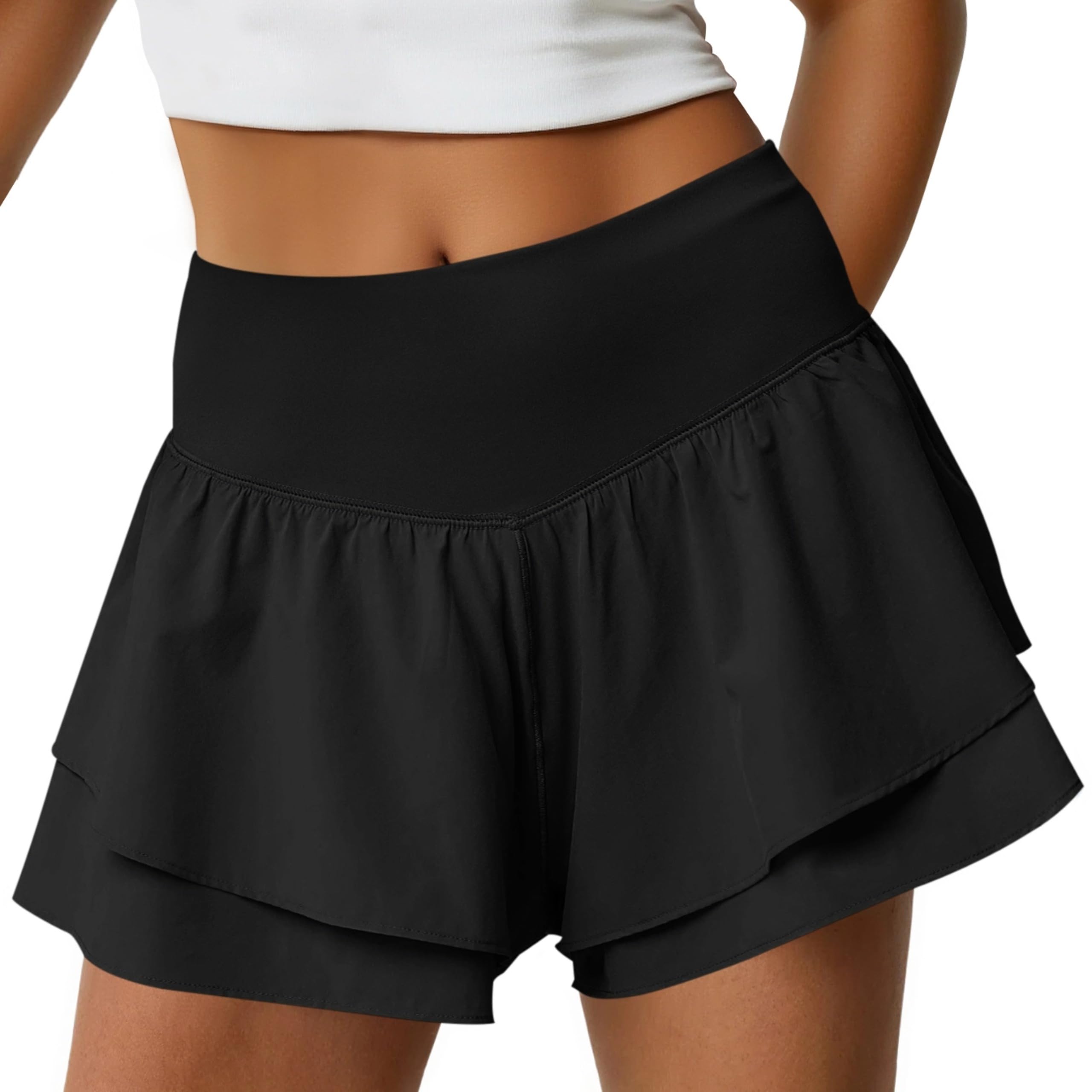 Fisoew Pantaloncini sportivi da donna a vita alta, con volant, per corsa, allenamento, tennis, con pantaloncini integrati