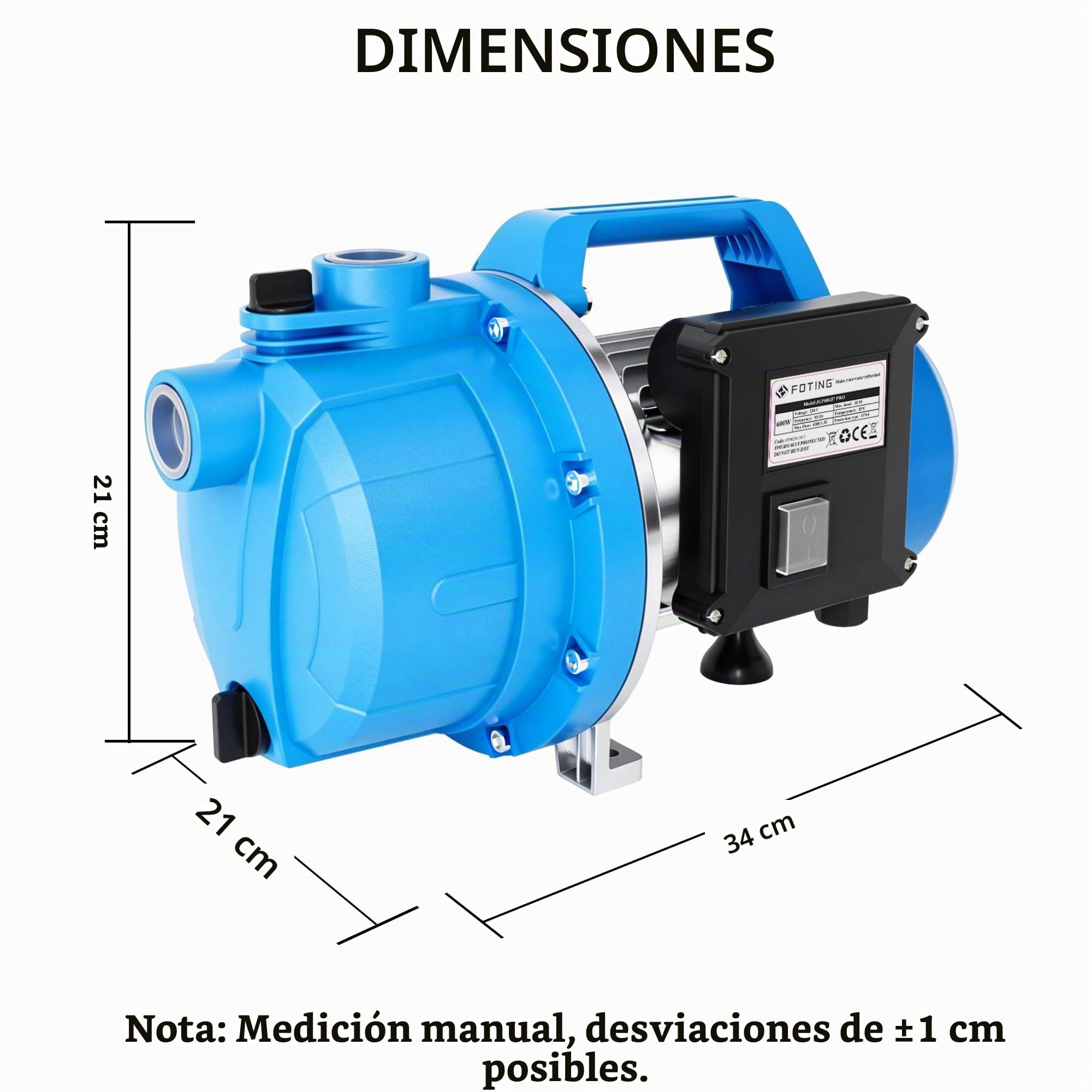 FOTING Bomba de jardín - Bomba eléctrica de agua para riego con asa (600 W, 230 V/50 Hz, caudal máx. 4200 l/h, presión 4,5 bar, altura máx. 38 m, aspiración 7 m, conexión G1")