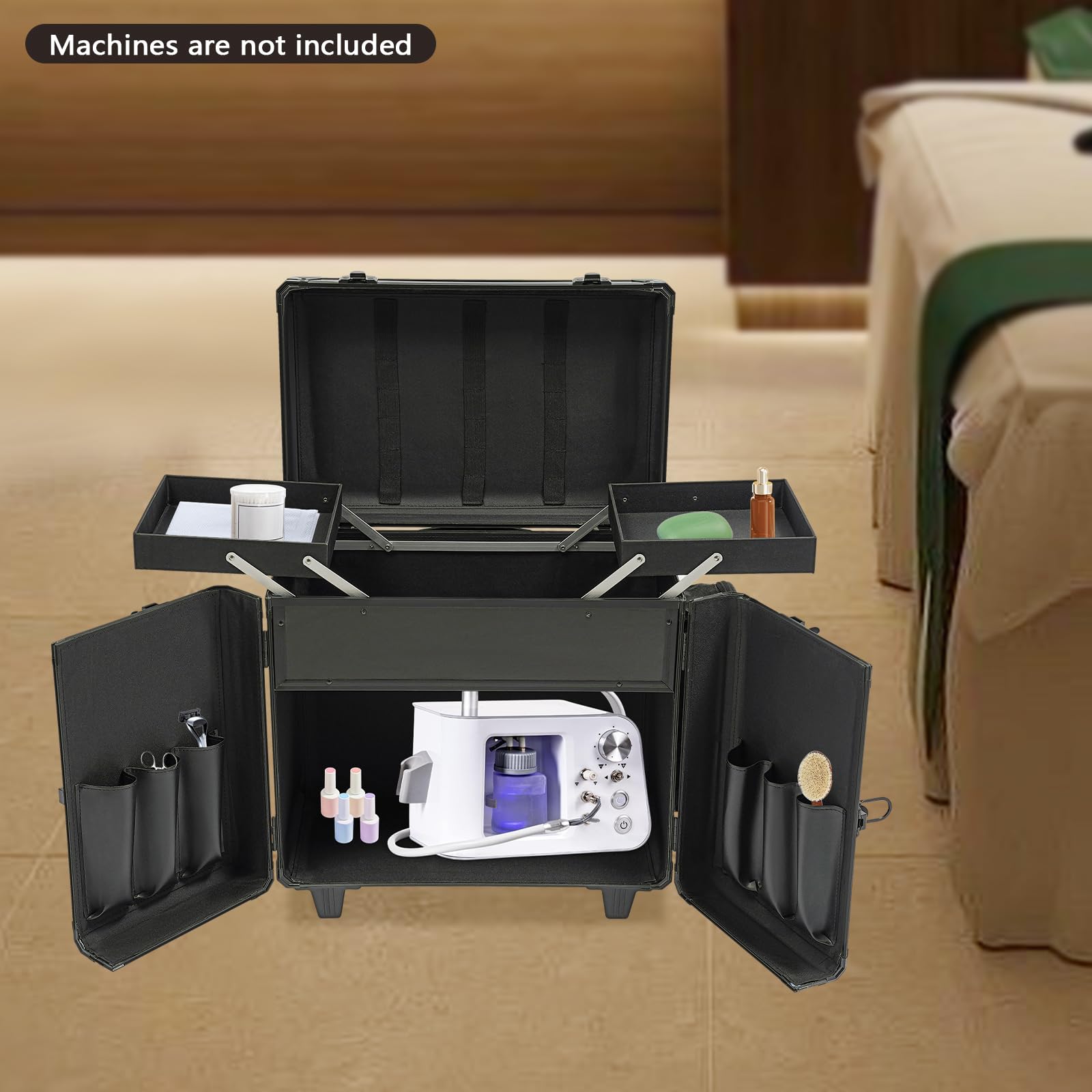 Fußpflegekoffer Mobile, mobil mit Zugstange und 2 Rädern, 50 kg belastbar, Werkzeugkoffer für Fußpflege und Maniküre, 46x29x42 cm (Schwarz)