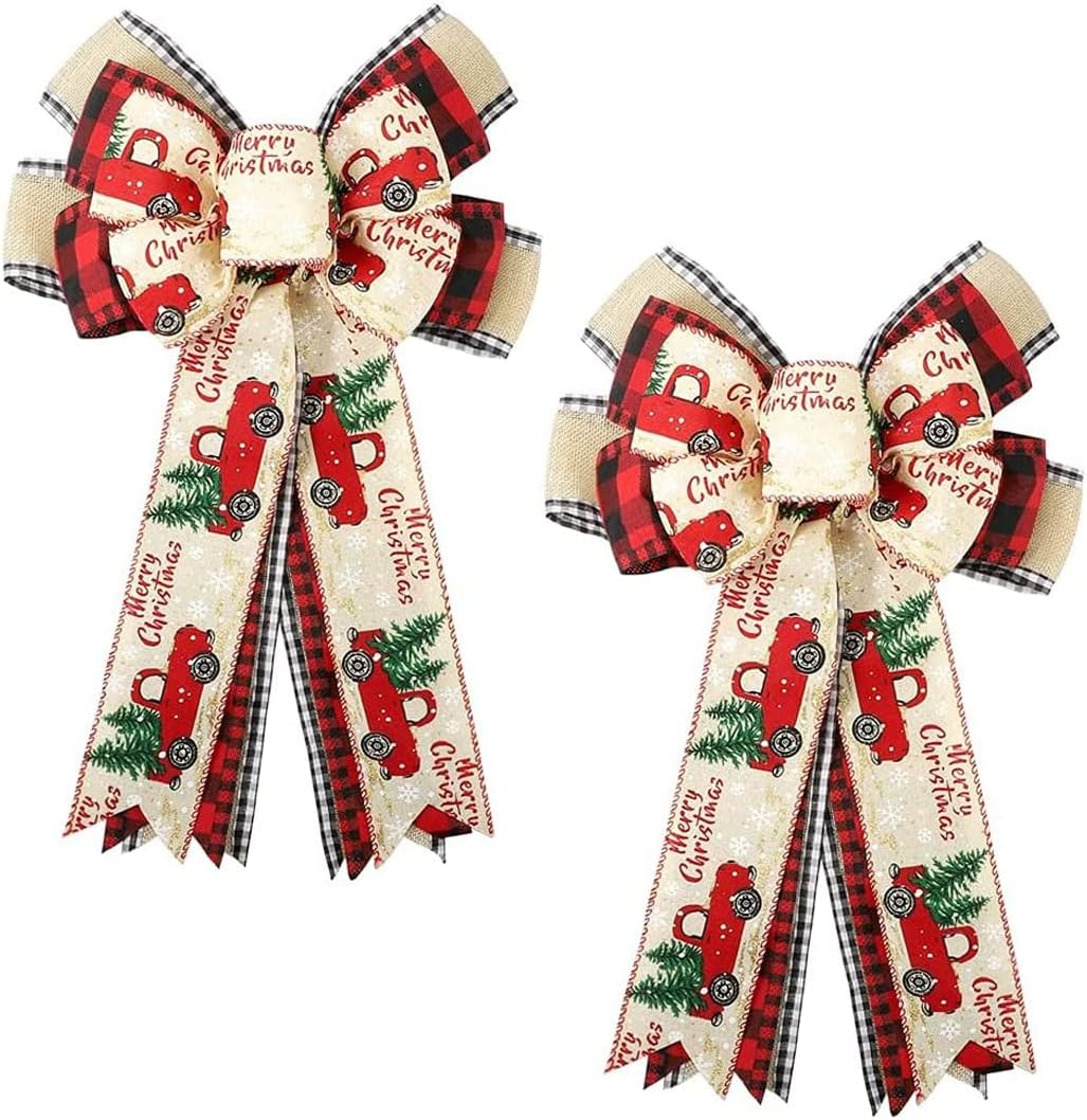 UOTO Christmas Bow 2 Pack Large Red Black Plaid Burlap Bow for