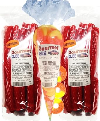 Red Licorice Original Twist 2-1lb Bags 1 Juicy Jumbo Peach Rings Gummi Gummy 10OZ NET WT 42 OZ Gourmet Kruise Signature Gifts