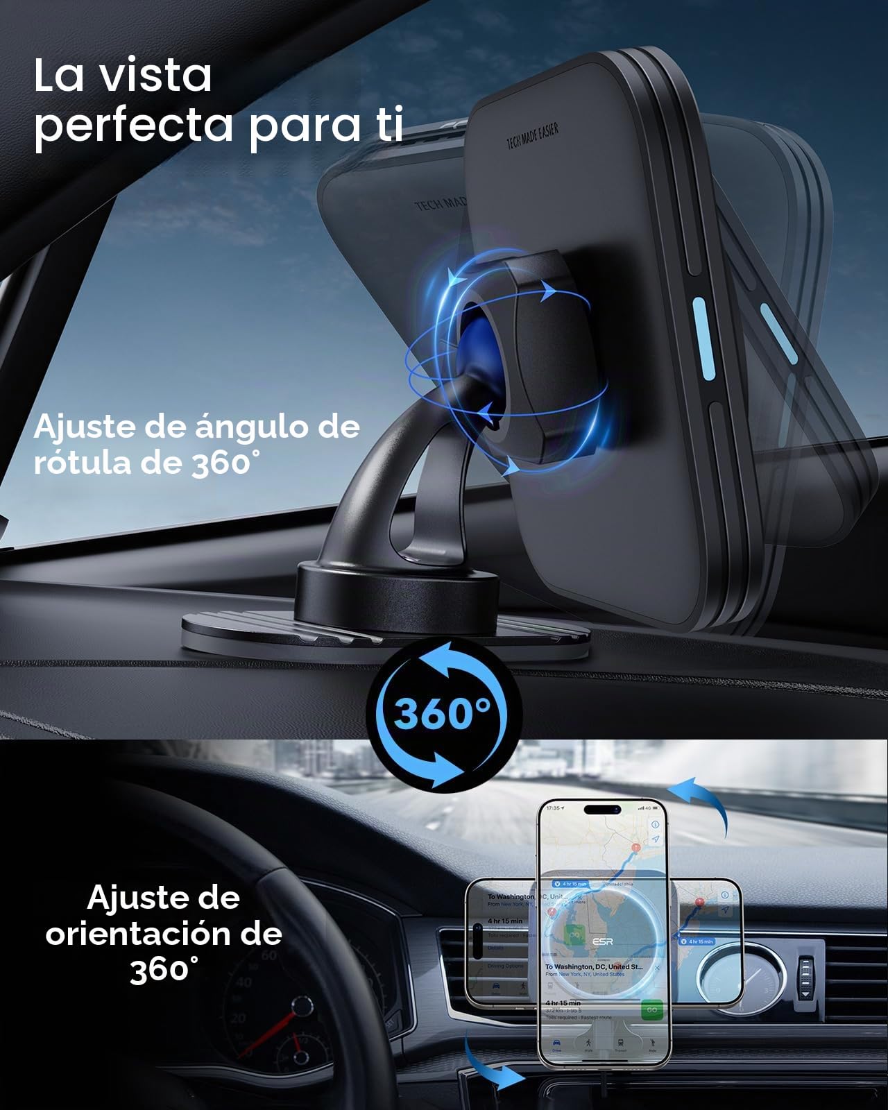 ESR 15W Cargador Inalámbrico Magnético para Coche (HaloLock), Cargador Coche MagSafe, Soporte Rejilla Aire, Compatible con iPhone Air/17/17e/16/15/14/13/12 Series, Samsung Galaxy S26/S25 Series, Negro