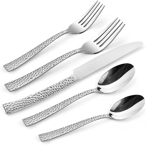 Miniatura 1 de Kikbioee Hammered - Juego de cubiertos de acero inoxidable, 20 piezas, forjado, apto para lavavajillas, servicio para 4