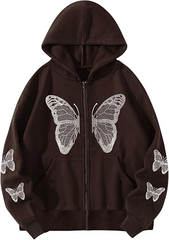 Aobiono Women Men Y2K Zip Up Oversized Hoodie Butterfly Skeleton Rhinestone Gothic Emo Grunge Alt Graphic Baggy Fleece Jacket