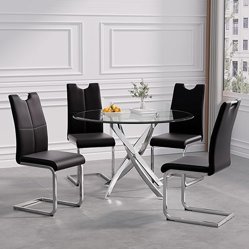 Miniatura 22 de Juego de mesa de comedor redonda de vidrio de 5 piezas, juego de mesa de comedor redonda de vidrio para 4 mesas de cocina con 4 sillas tapizadas de