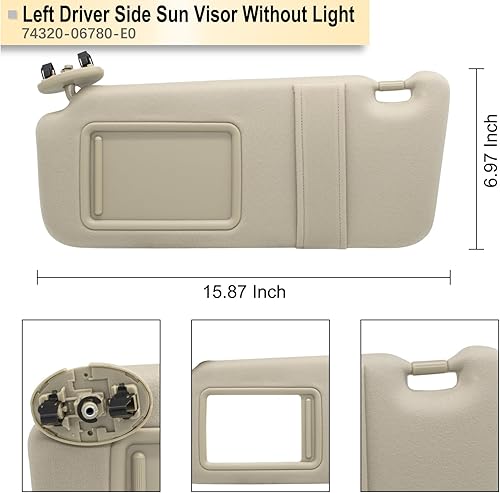 Miniatura 10 de Visera solar izquierda del lado del conductor sin luz compatible con Toyota Camry 2007 2008 2009 2010 2011 Reemplazo # 74320-06780-B0 0400230506B0