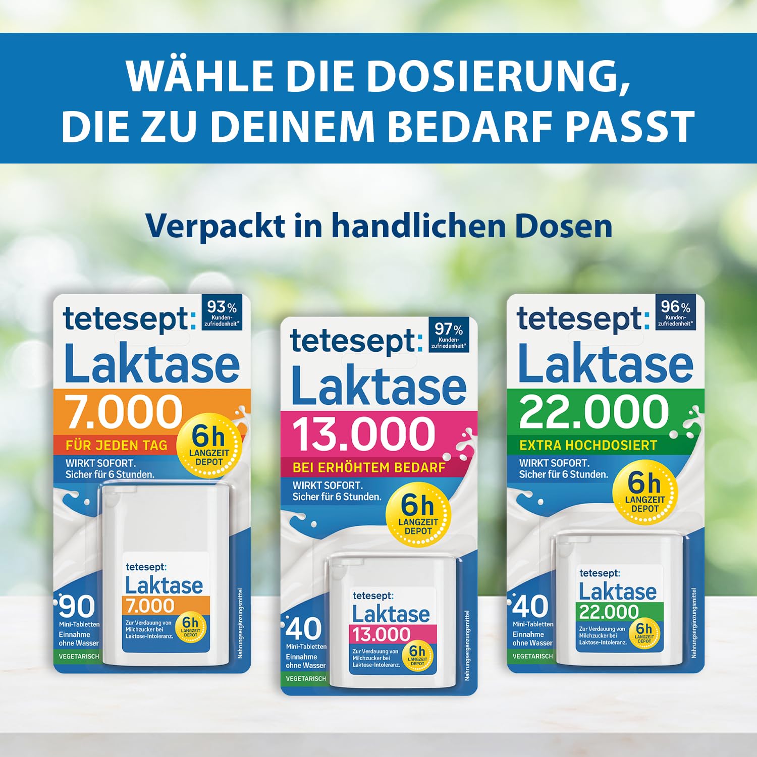 tetesept Laktase 13.000 & 22.000 - Laktasetabletten bei Laktoseunverträglichkeit - Nahrungsergänzungsmittel mit Sofortwirkung & 6h Langzeit-Depot - 4 Dose à 40 Stück