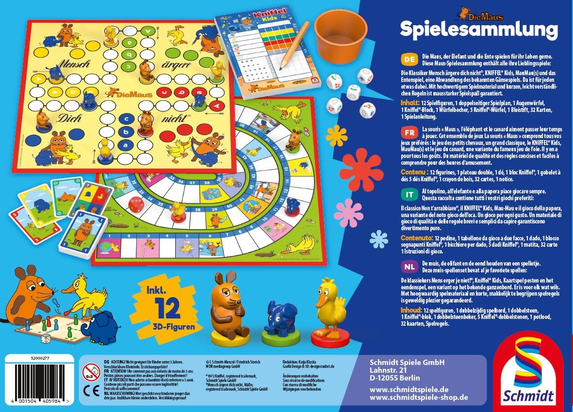 Schmidt Spiele 40598 Die Maus, Spielsammlung, Bunt, Meerkleurig | Kinderspielesammlung mit Mensch ärgere Dich nicht Kids und Kniffel Kids