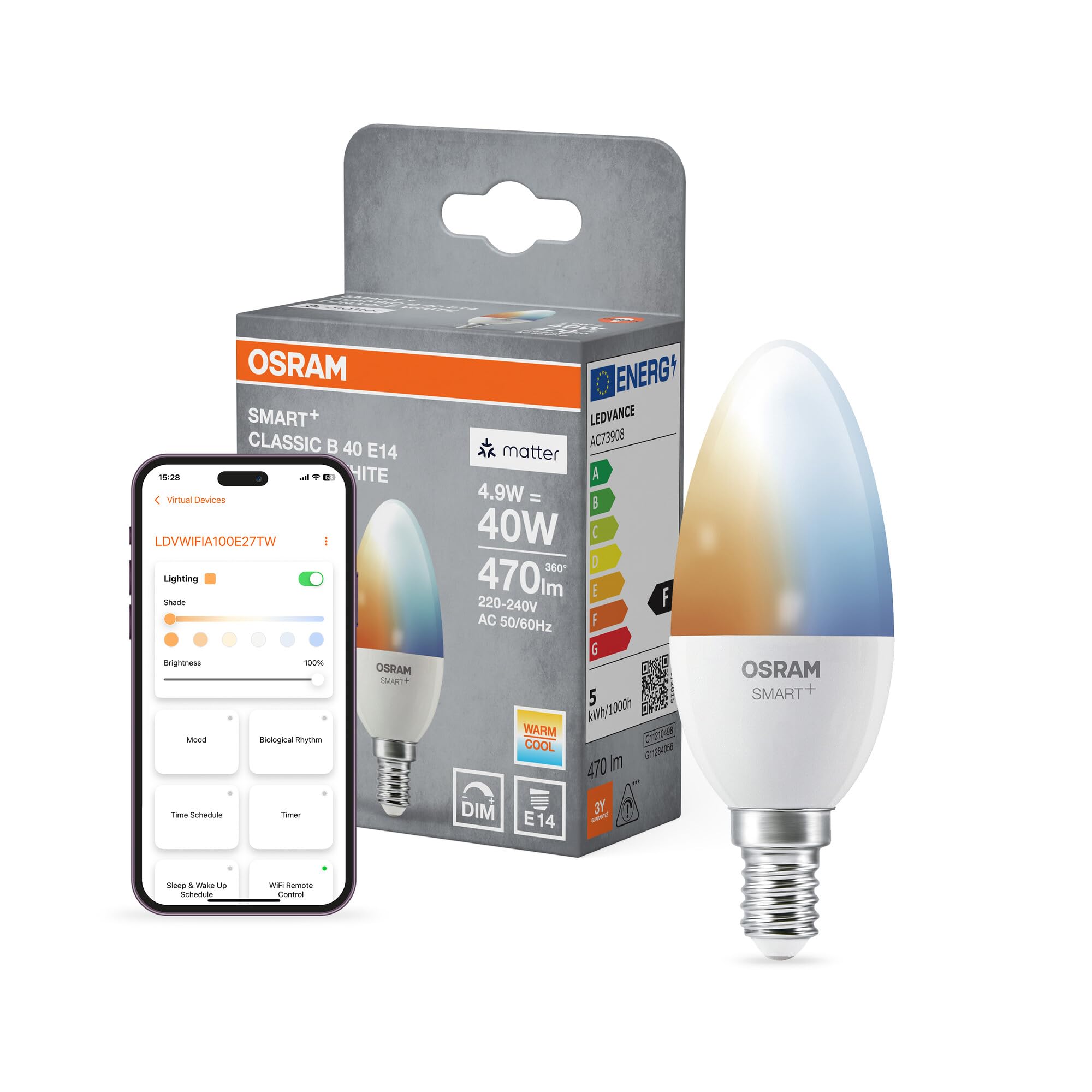 Osram Lampe LED Smart+ B40, forme bougie E14, Tunable White, contrôlable