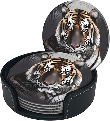 Miniatura 2 de Juego de 6 posavasos de cuero con soporte, diseño de tigre en reposo, para bebidas, con aislamiento, posavasos redondos para decoración de mesa