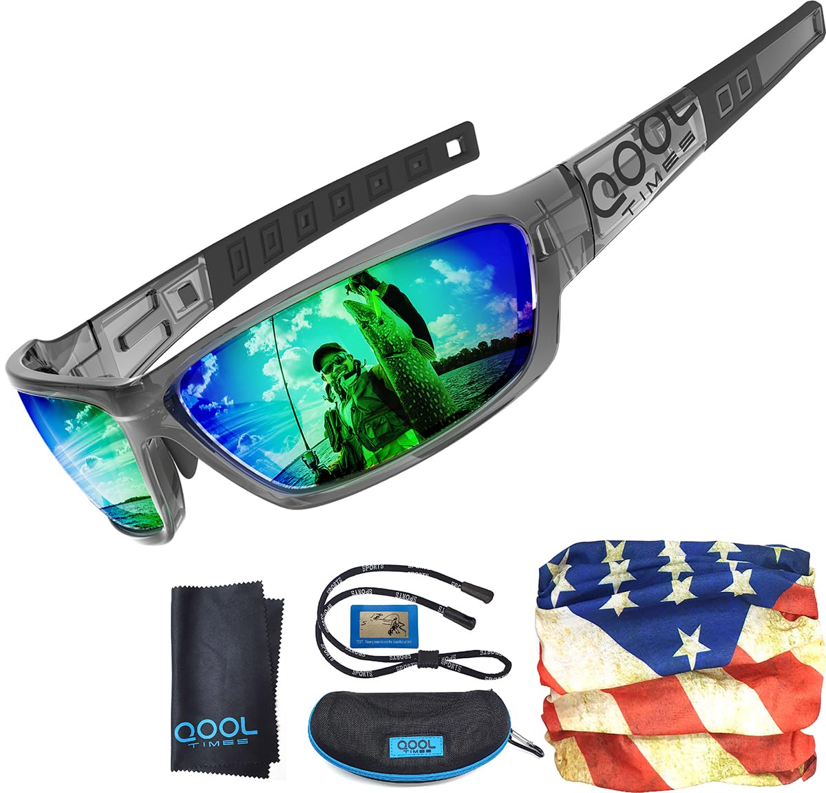 Living out your qool time Polarized Fishing Sunglasses for Men Women Green Lens UV400 Medium-Large Size for Water Sports Boating with Case Strap