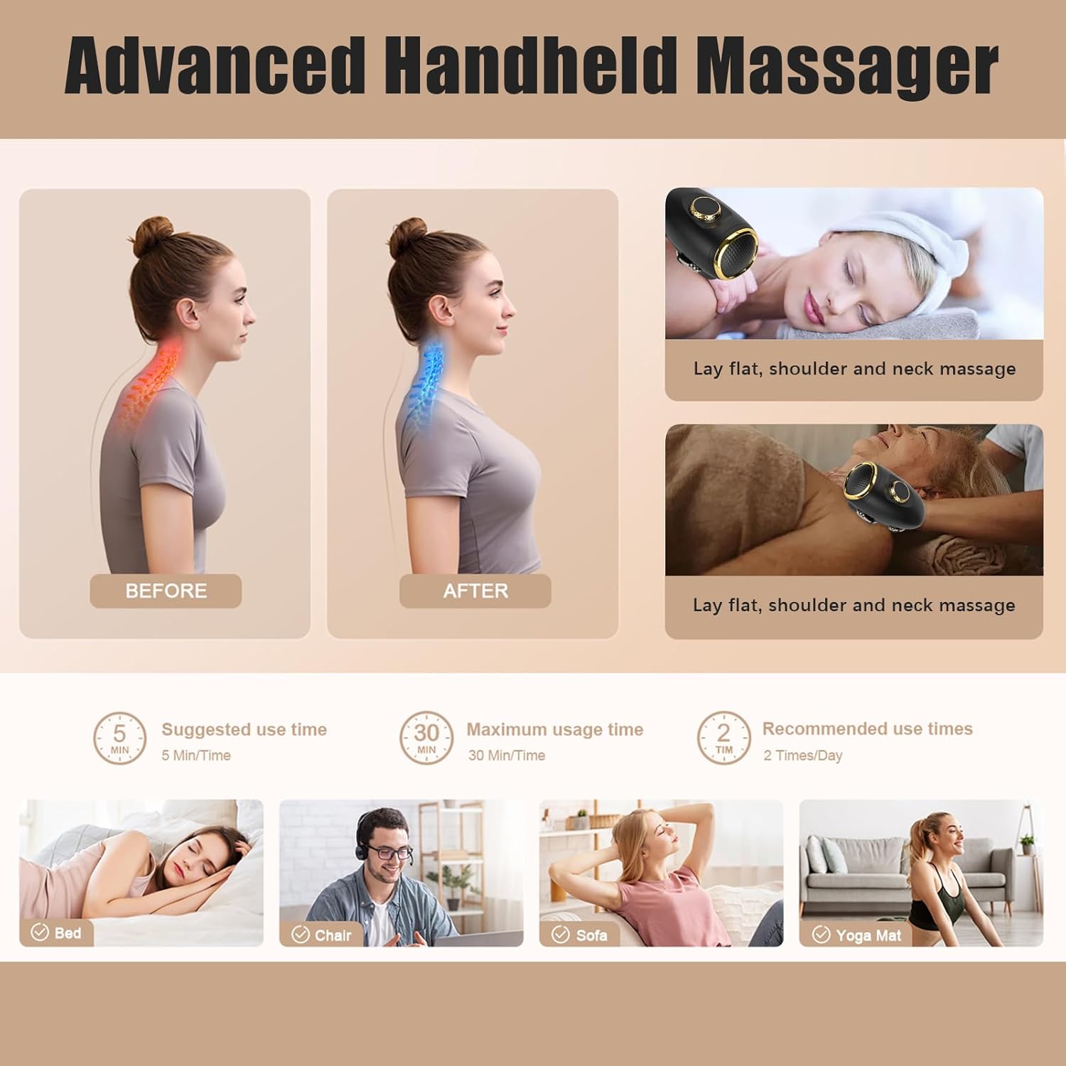 Professional Haircut Massager/Cordless Handheld Massager, Vibration Neck/Legs/Hands/face Massager, 2 Massage nodes 4000AMH (Black) - Image 3