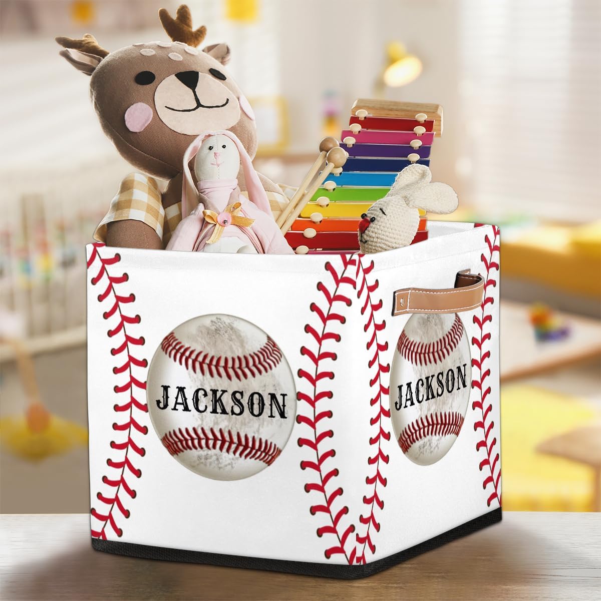 Custom Storage Baskets Personalized Storage Bins Basket Boxes with PU Leather Handles for Clothes Bedroom Closet Organizing Toys Books Shelves Storage Boxes-Baseball Sports